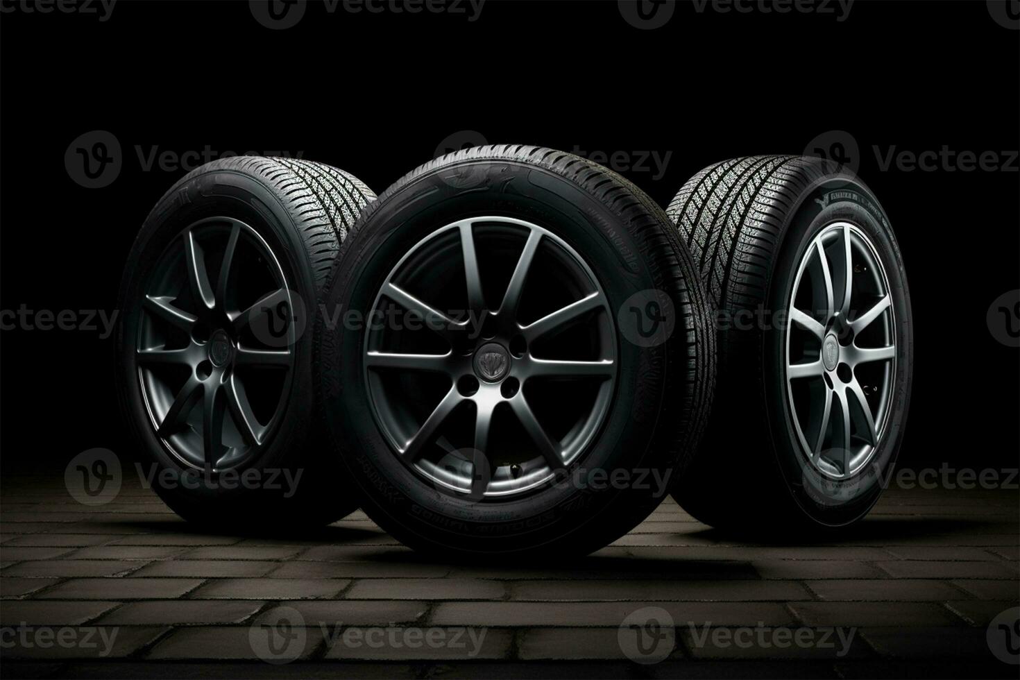 AI generated Car tires on a black background. 3d illustration. Elements for design. photo