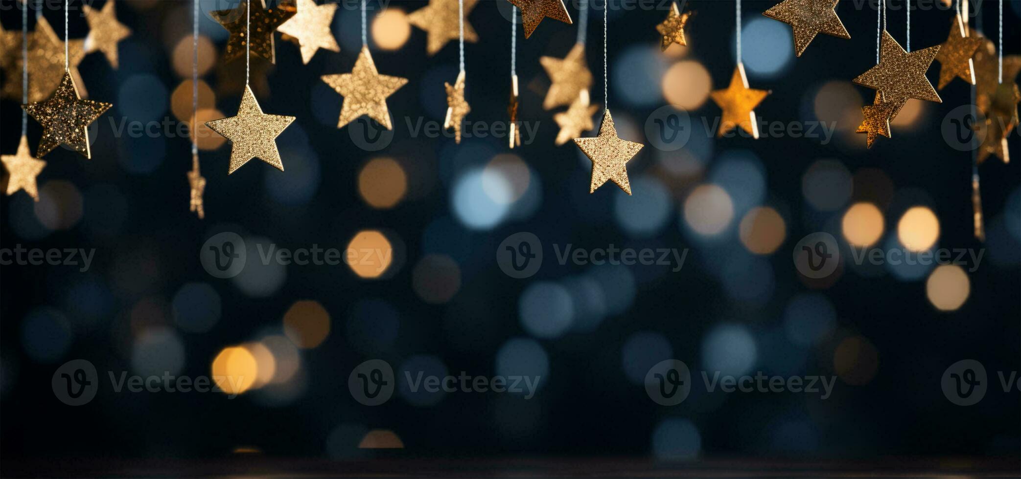 AI generated Christmas and New Year holidays background with silver and gold stars on bokeh background. photo