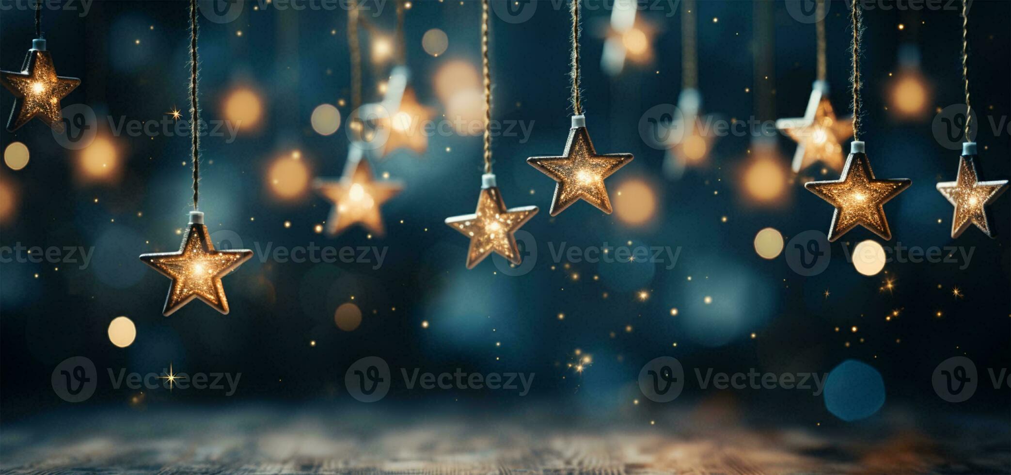 AI generated Christmas and New Year holidays background with silver and gold stars on bokeh background. photo