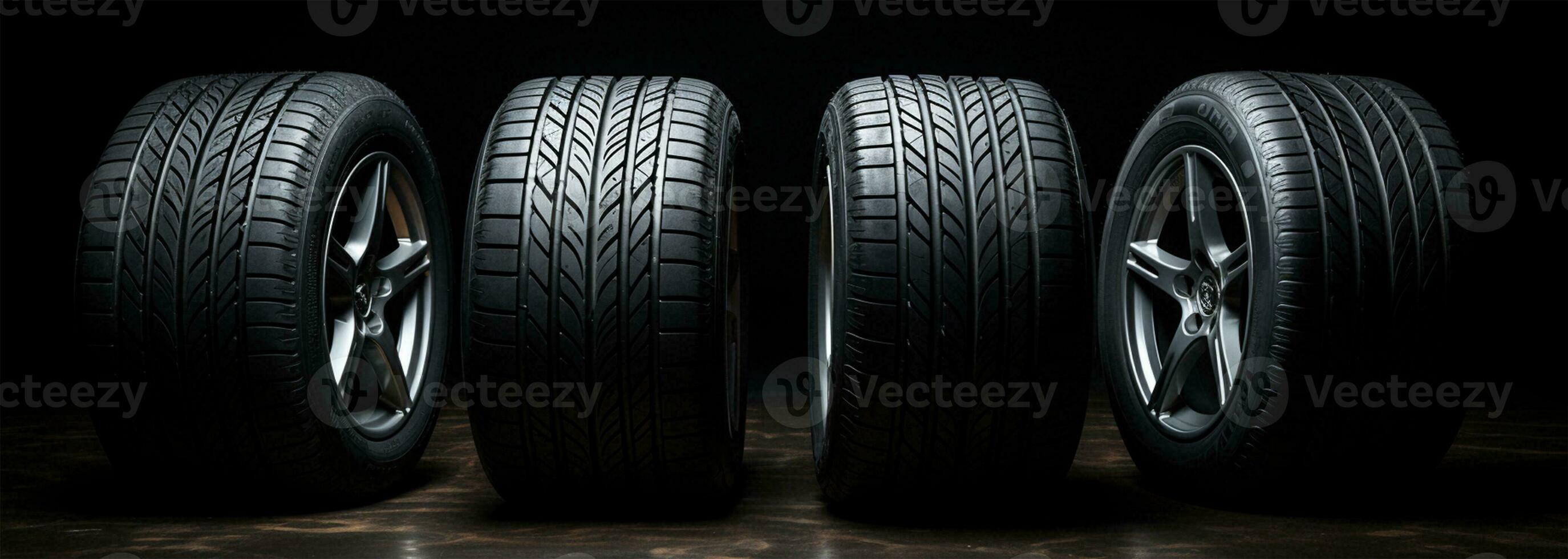 AI generated Car tires on a black background. 3d illustration. Elements for design. photo