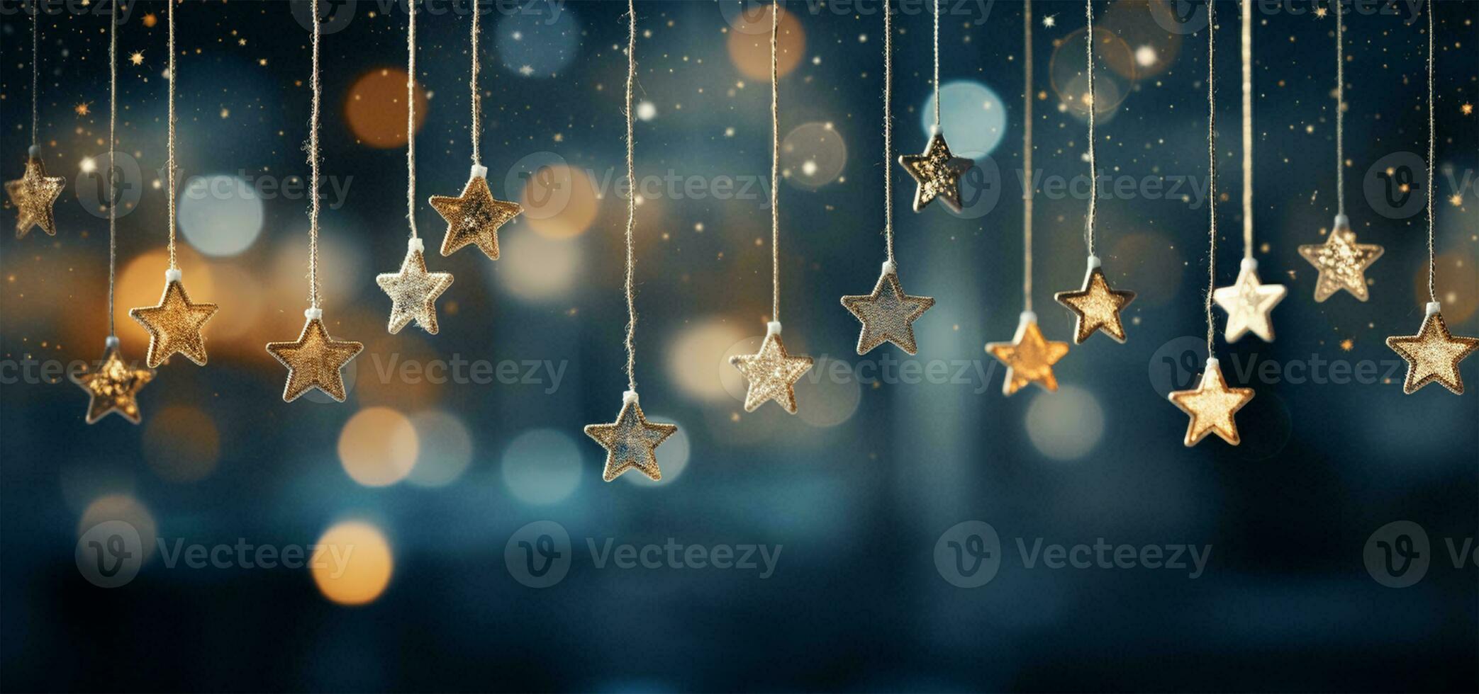 AI generated Christmas and New Year holidays background with silver and gold stars on bokeh background. photo