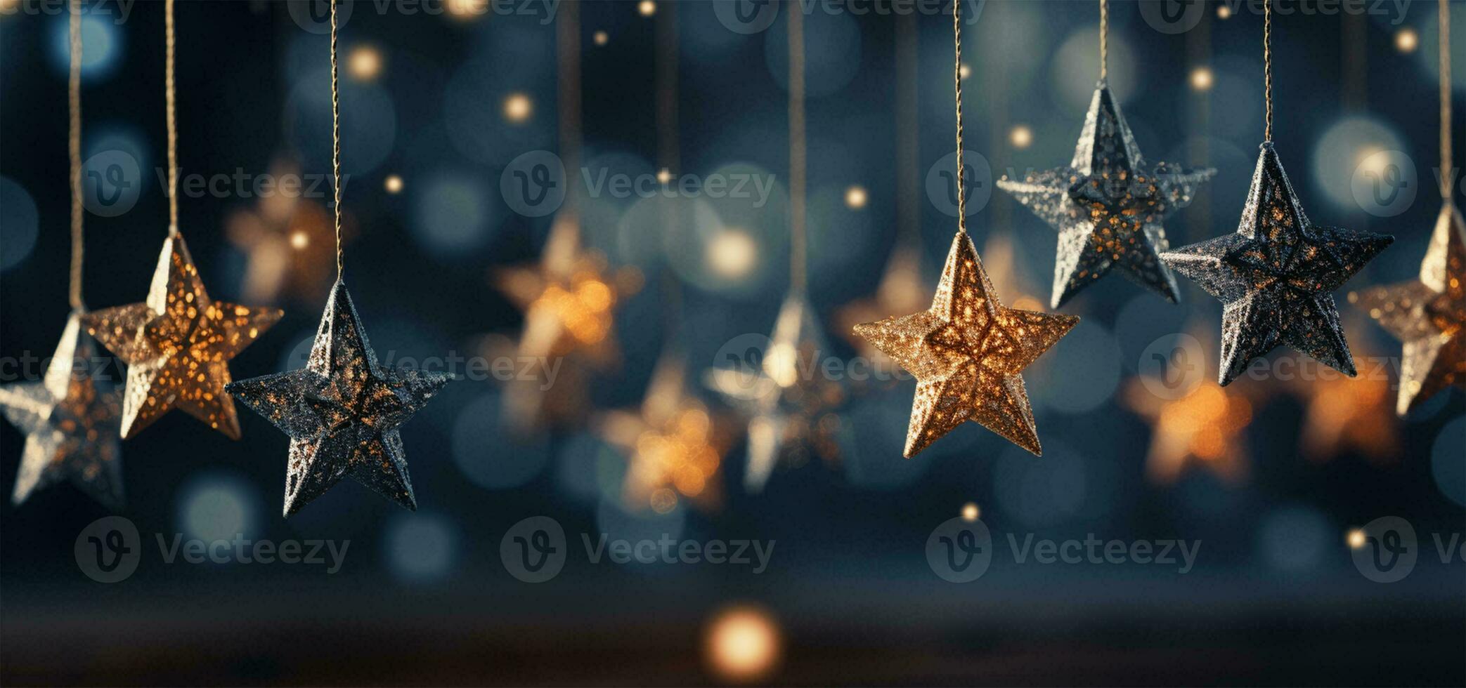 AI generated Christmas and New Year holidays background with silver and gold stars on bokeh background. photo