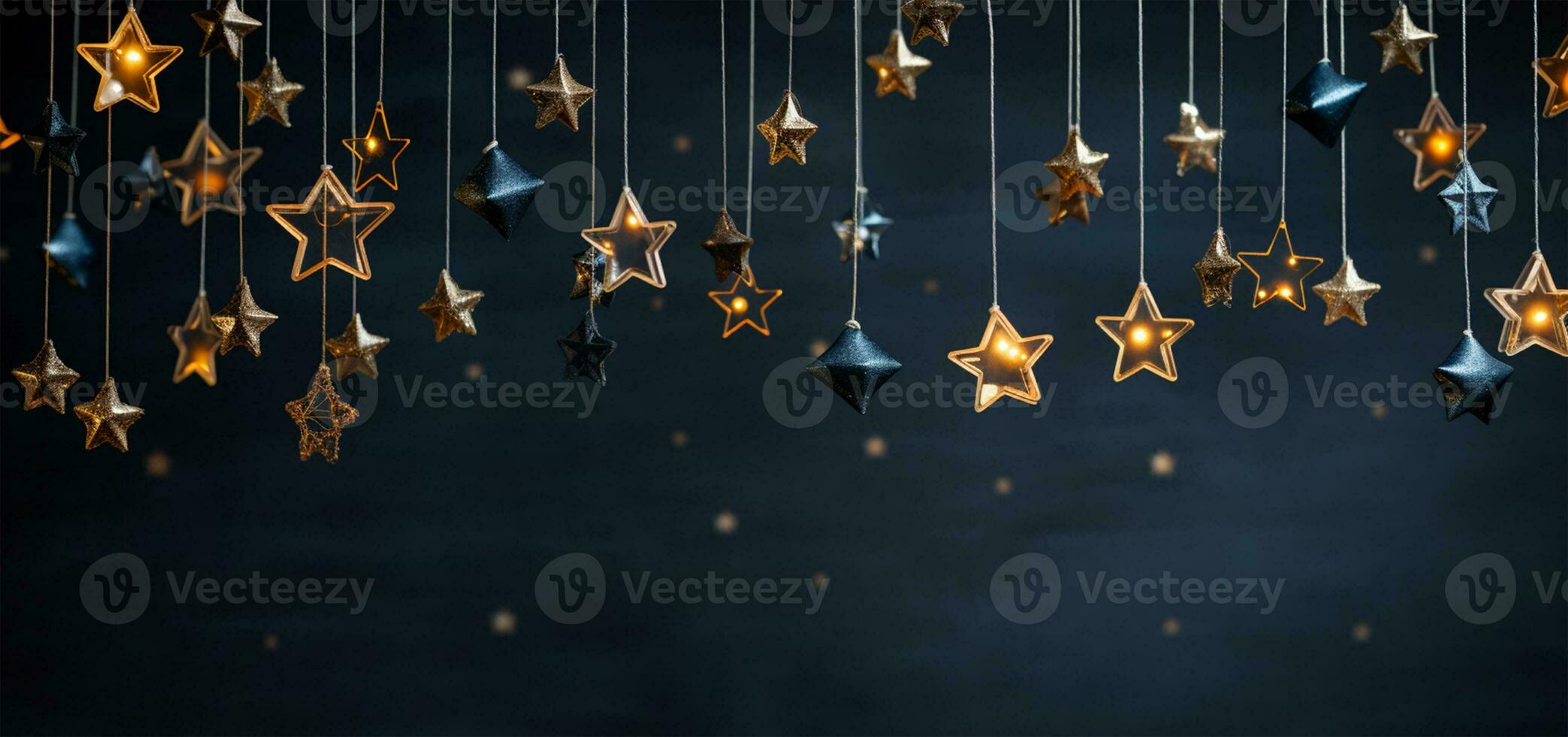 AI generated Christmas and New Year holidays background with silver and gold stars on bokeh background. photo