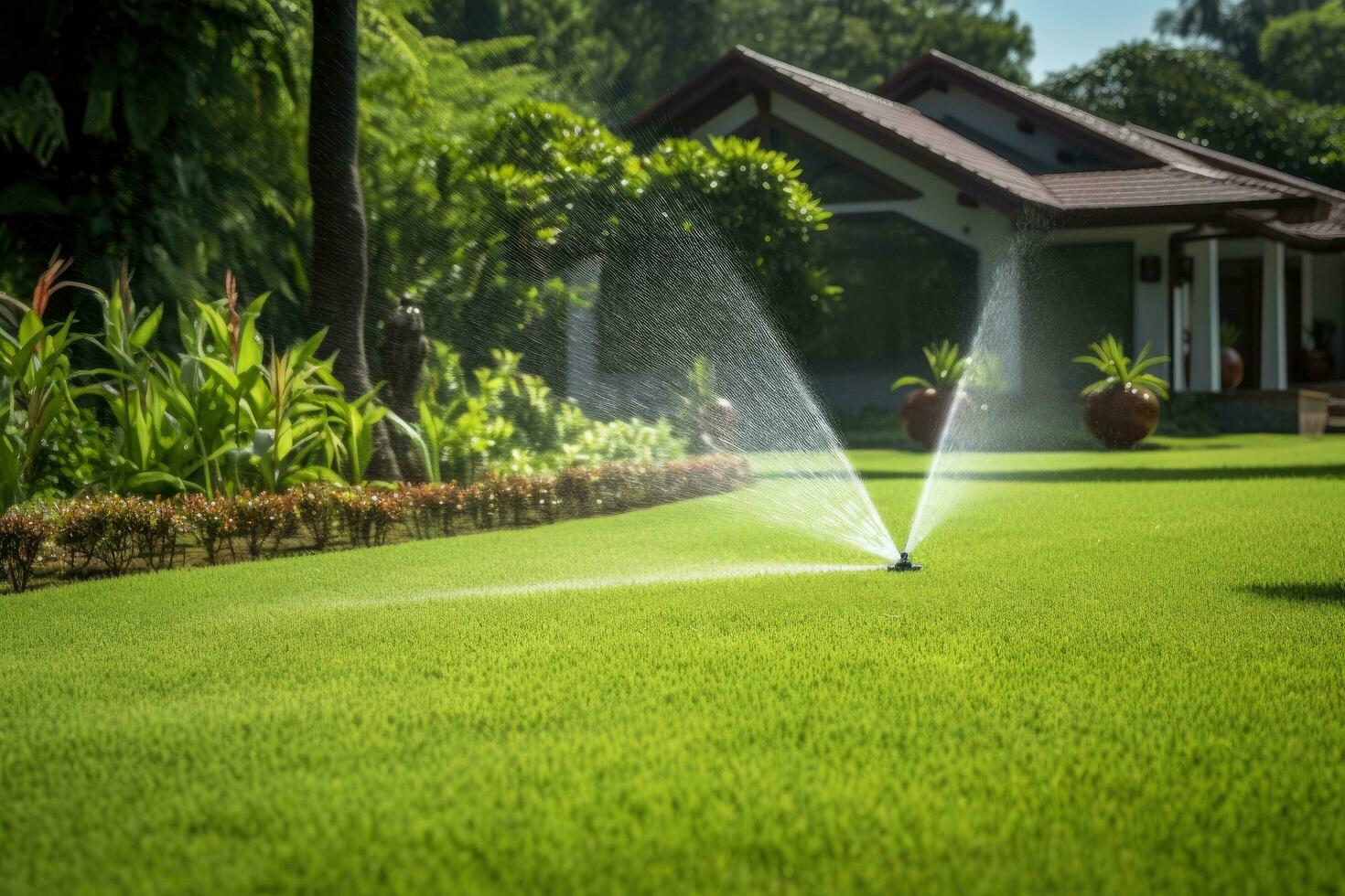 AI generated Sprinkler watering the green grass in the garden with natural background, Automatic sprinkler system watering the lawn, AI Generated photo