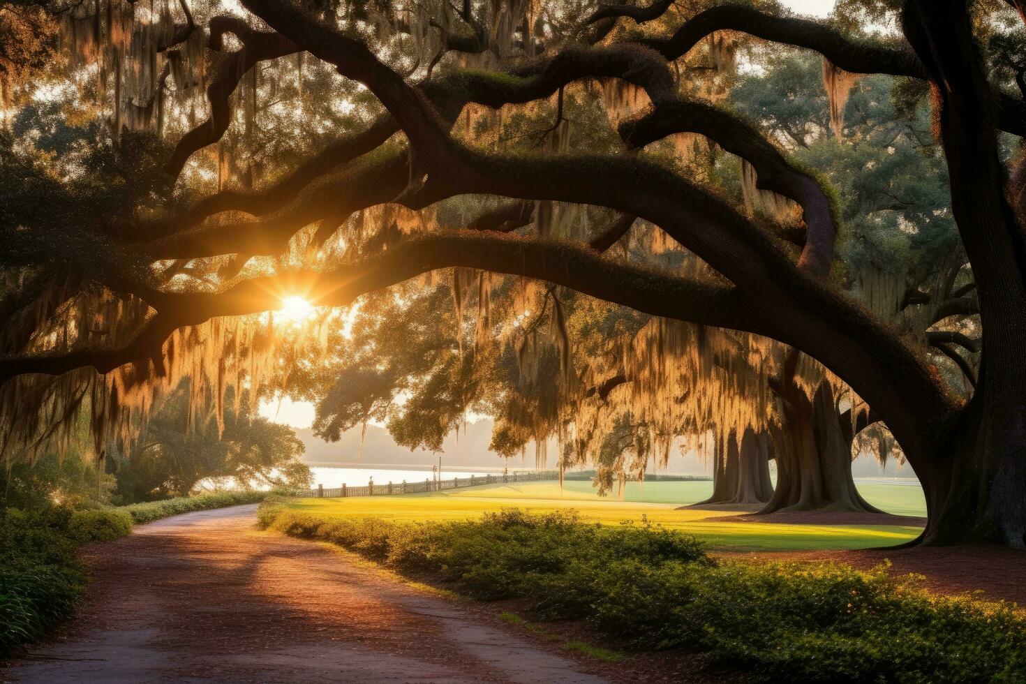 AI generated Sunset in a park with old oak trees and yellow flowers, Beautiful savannah landscape view on a sunny day, AI Generated photo