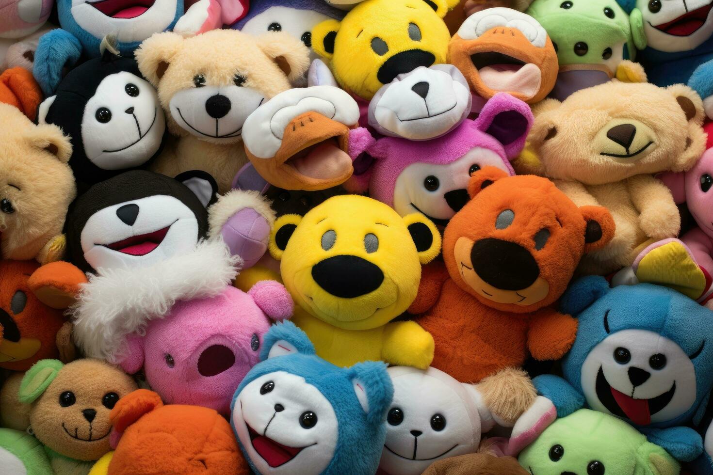 AI generated Pile of teddy bears, closeup view. Toys background, Assortment of colorful stuffed plush toys, AI Generated photo