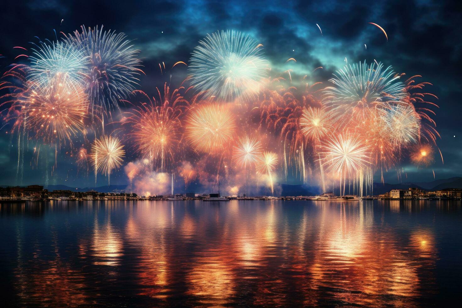 AI generated Colorful fireworks of various colors over night sky with reflection on water, Beautiful fireworks display for celebration night, AI Generated photo