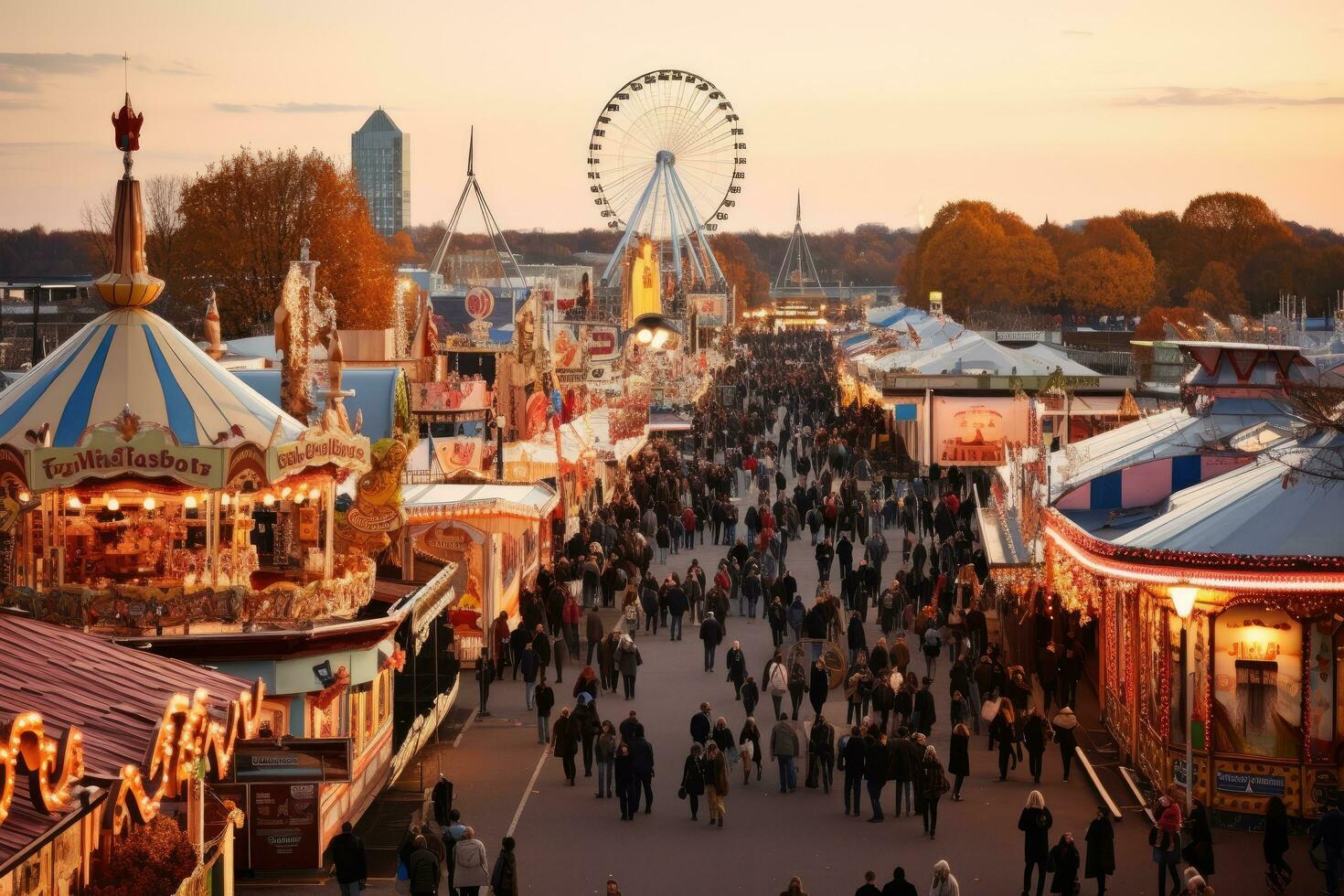 AI generated Amusement park in the evening at sunset. The fairground rides and rides, Beer tents and fairground rides on the Oktoberfest in Munich, AI Generated photo