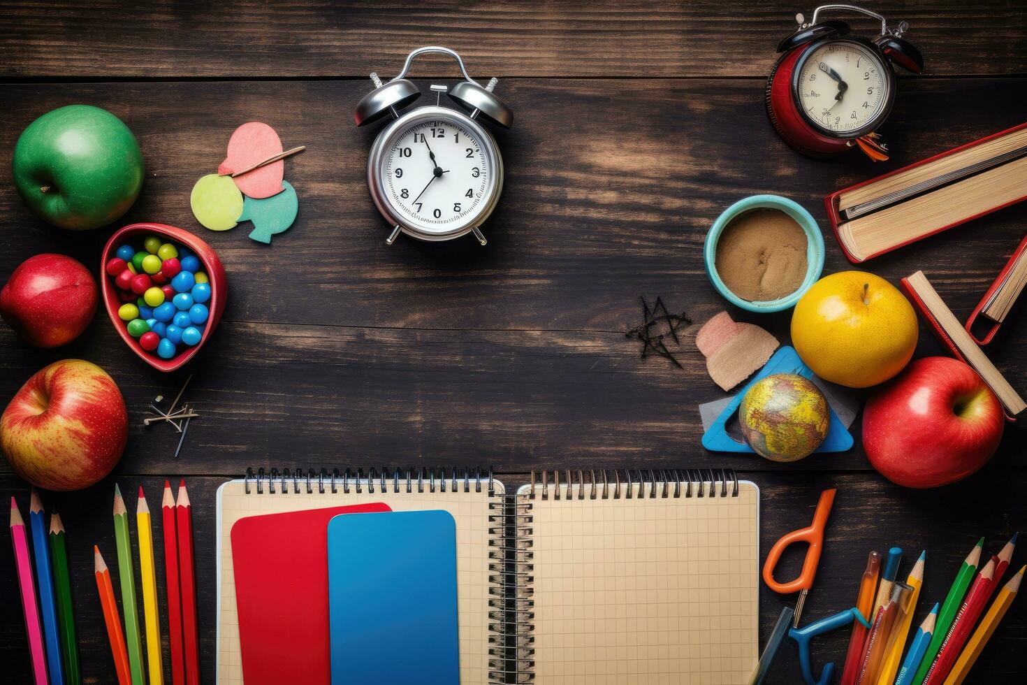 ai generado espalda a colegio concepto con alarma reloj y colegio suministros en de madera fondo, espalda a colegio antecedentes concepto, colegio suministros en un de madera fondo, ai generado foto