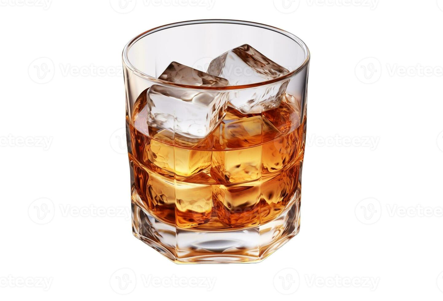 AI generated Glass of whiskey with ice cubes isolated on white background. Clipping path photo