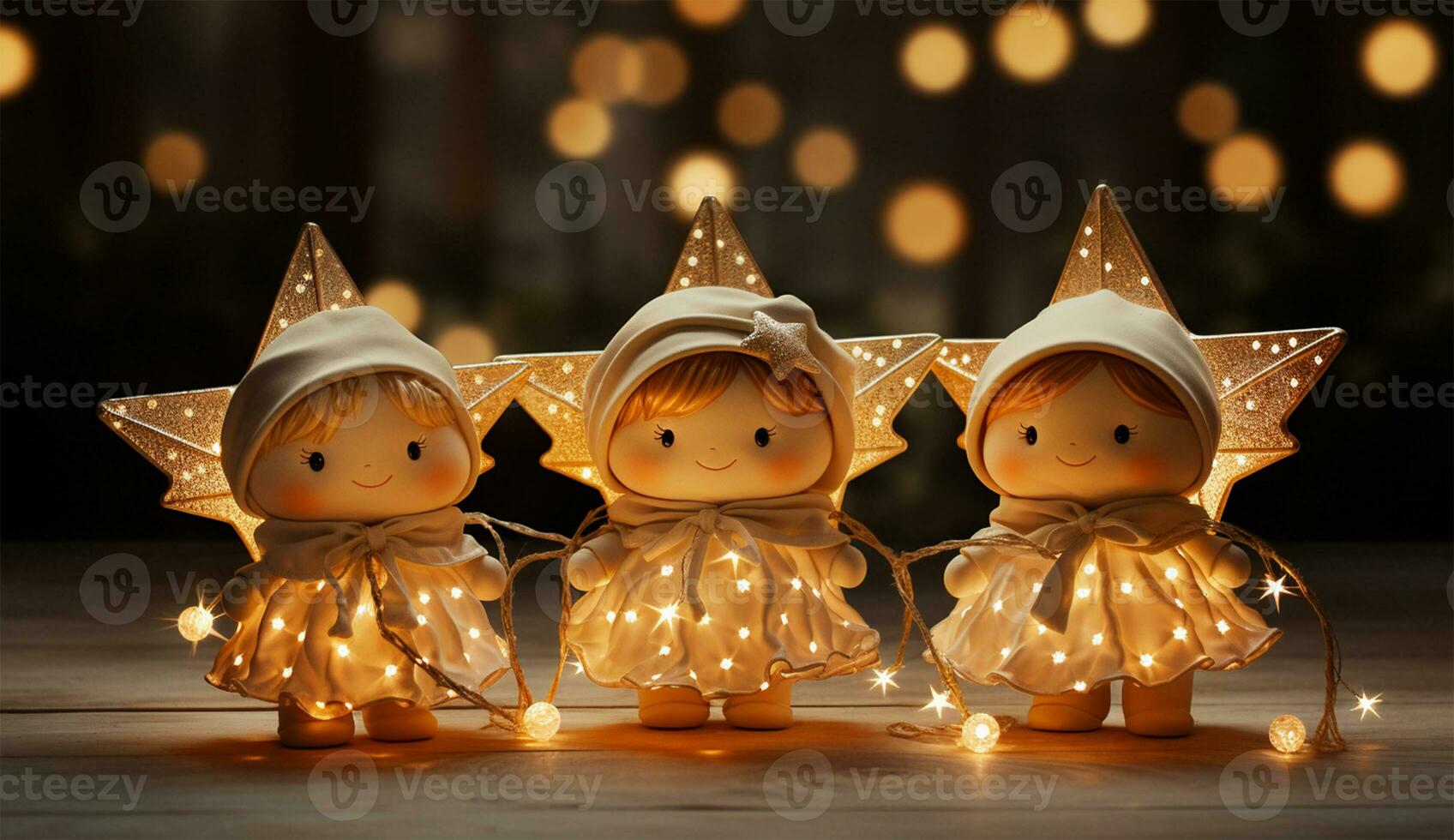 AI generated Christmas nativity scene with little angels and candles. photo