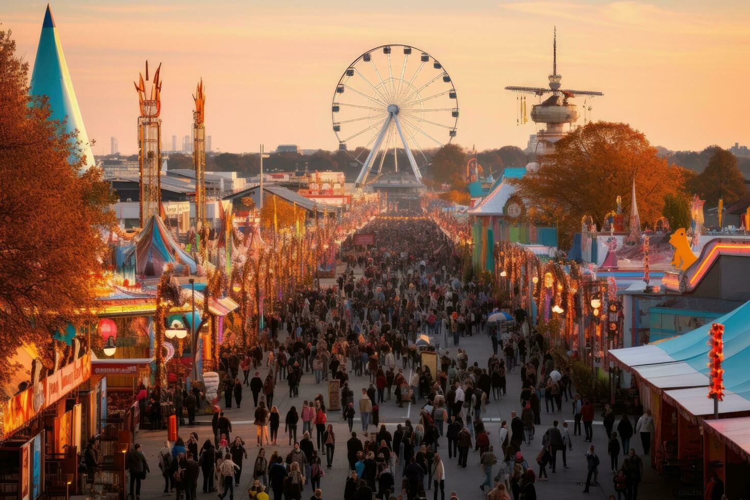 AI generated people on the fairground at sunset, Beer tents and fairground rides on the Oktoberfest in Munich, AI Generated photo
