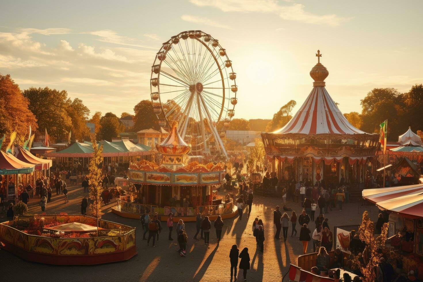 ai generado diversión parque con personas y ferris rueda a atardecer, cerveza carpas y recinto ferial paseos en el Oktoberfest en Munich, ai generado foto