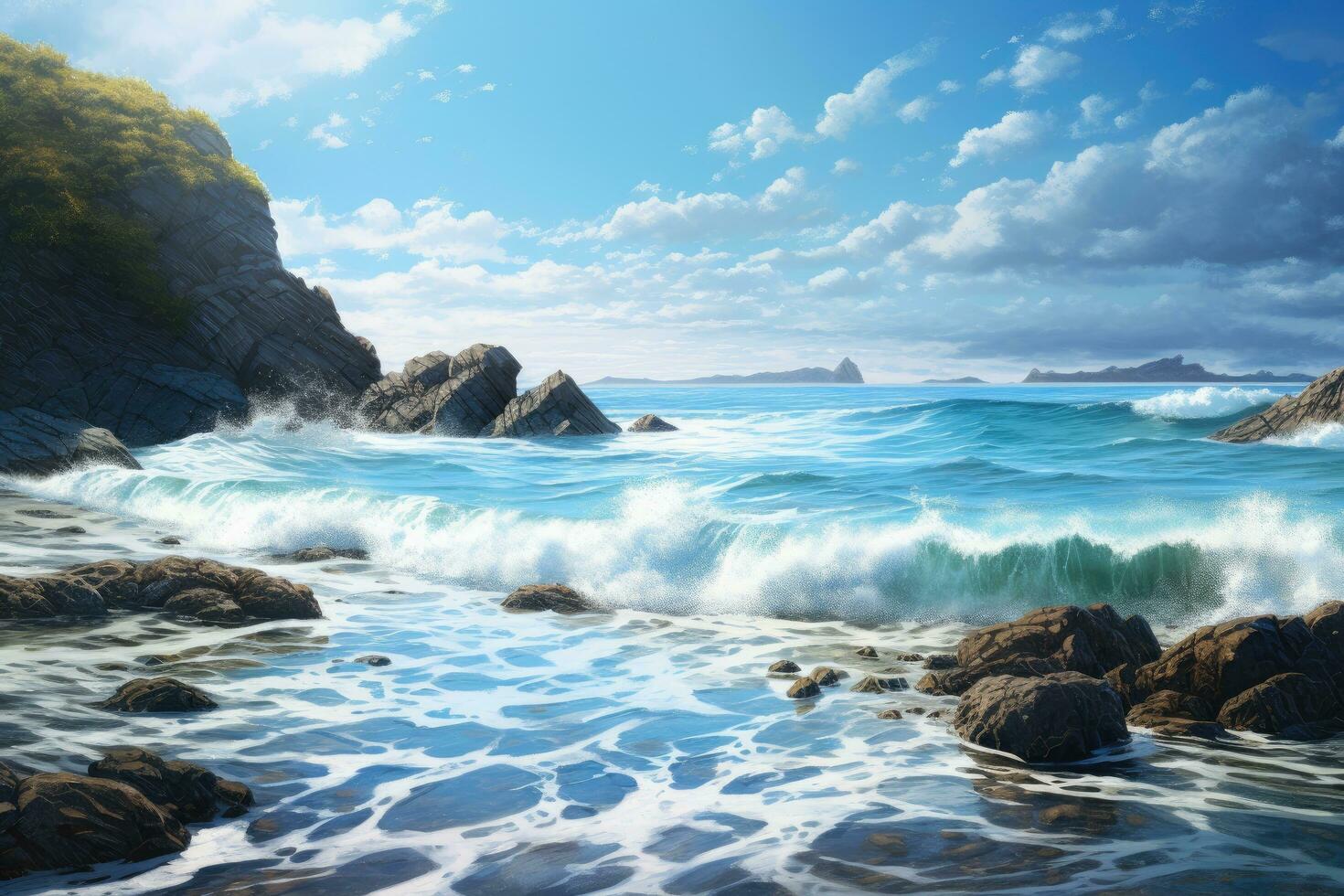 AI generated beautiful view of the sea, An image of a calm ocean with waves gently crashing on the shore, AI Generated photo
