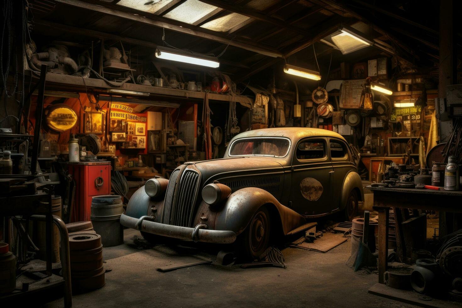 ai generado antiguo coche en un cochera. retro coche en un antiguo cochera, automotor reparar comercio, ai generado foto