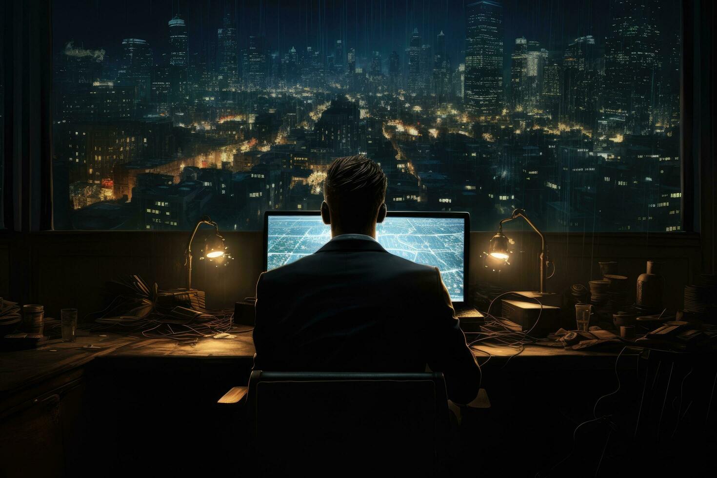 AI generated Back view of young businessman sitting at table in office and looking at night city, Back view of a businessman engaged in computer work within a dark office, Mixed media, AI Generated photo