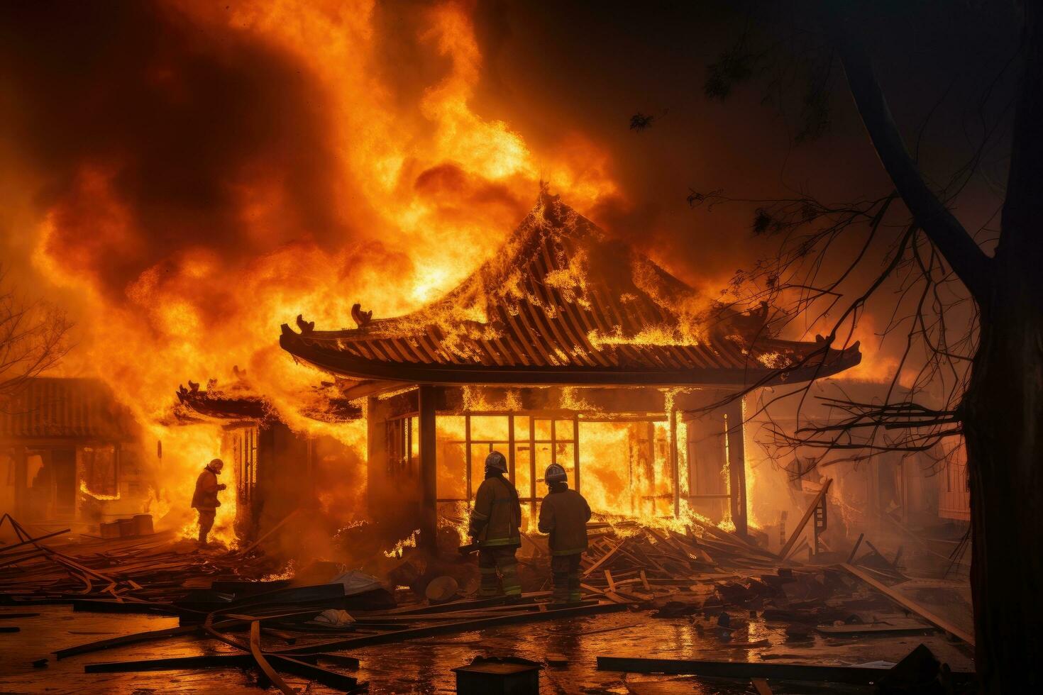 AI generated Firefighters extinguish a fire in a temple during a fire, Asian house on fire, and firefighters are working to stop the fire, AI Generated photo