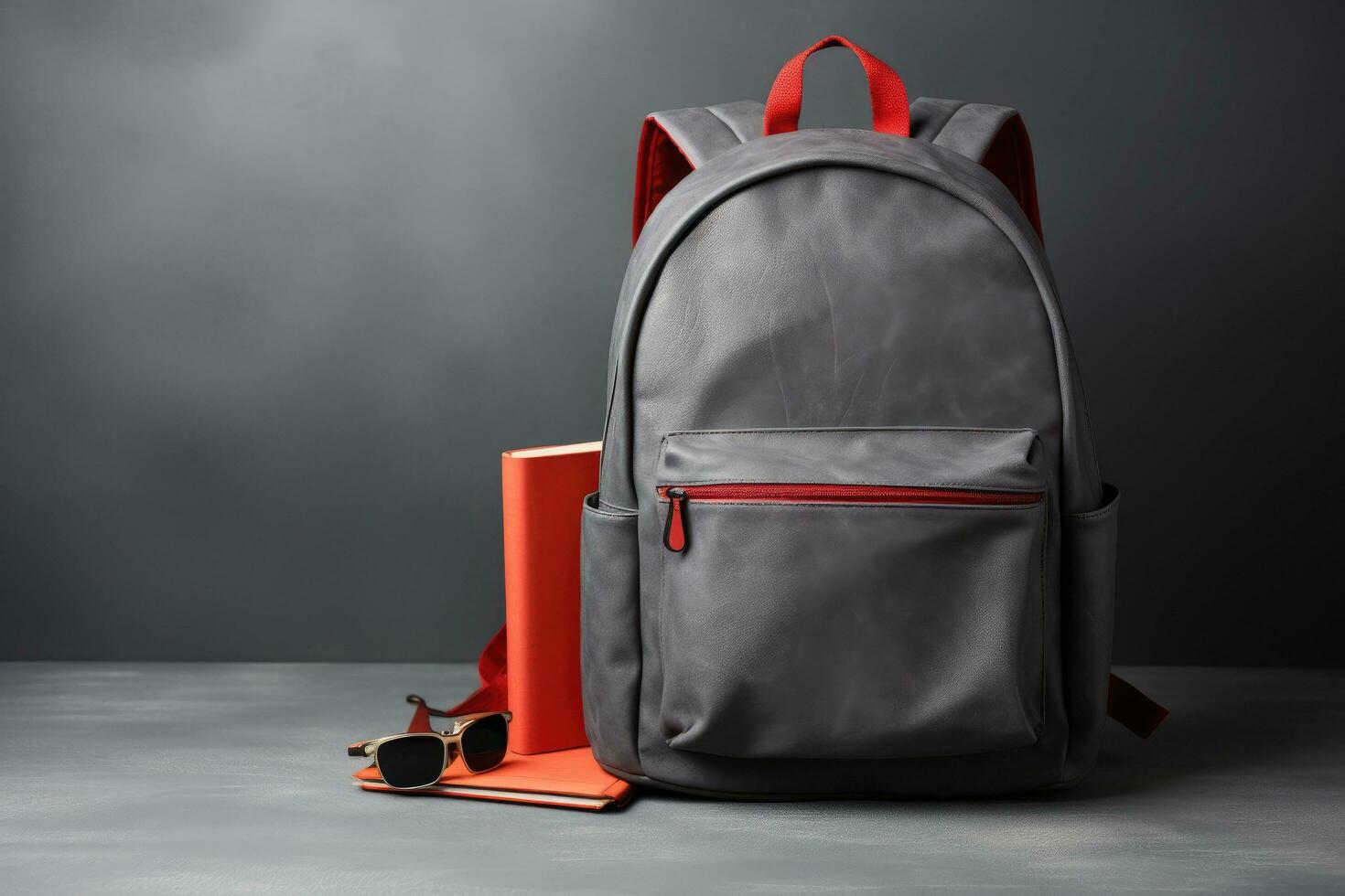AI generated School backpack with books and pencils on table against blackboard background, Backpack with school supplies on a gray background, AI Generated photo