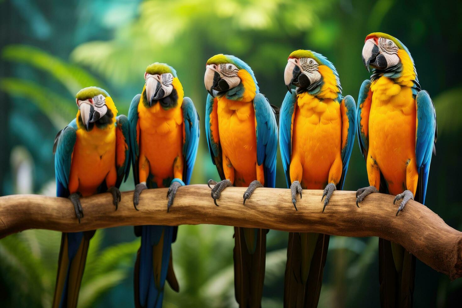 AI generated Colorful macaws sitting on a branch in the jungle. Animal, Beautiful macaws in the jungle, including the Blue-and-yellow macaw, AI Generated photo
