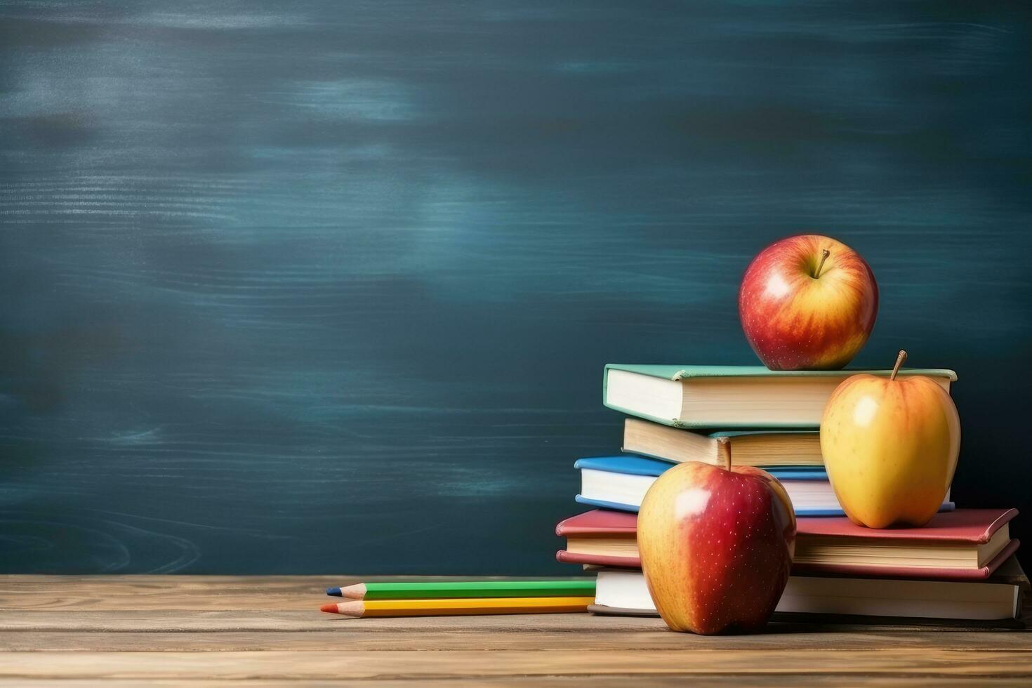 AI generated Back to school concept with pile of books and apple on wooden table, Back to School background concept, School supplies on a wooden background, AI Generated photo