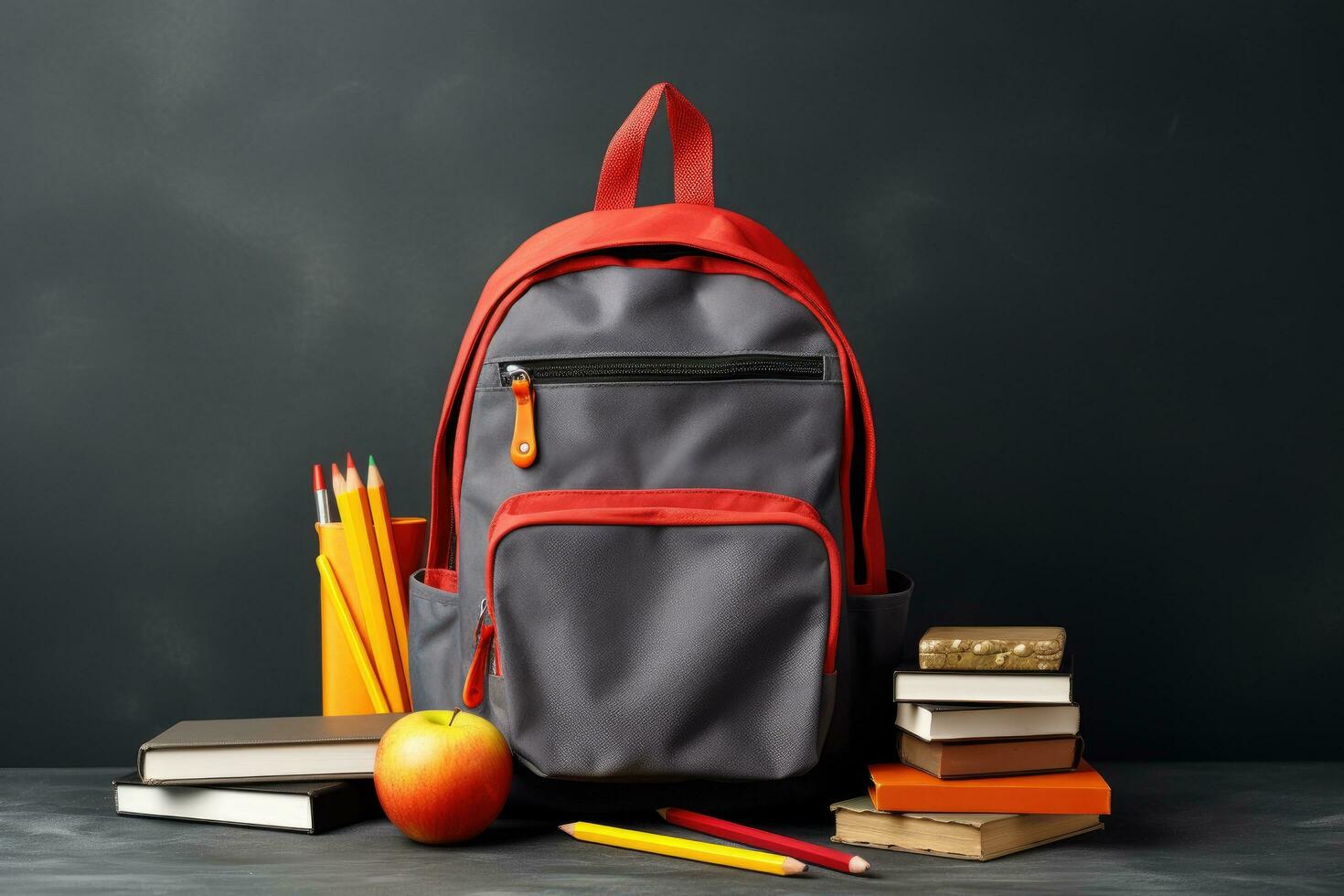 ai generado elegante mochila y Gafas de sol en gris antecedentes. espalda a colegio concepto, mochila con colegio suministros en un gris fondo, ai generado foto