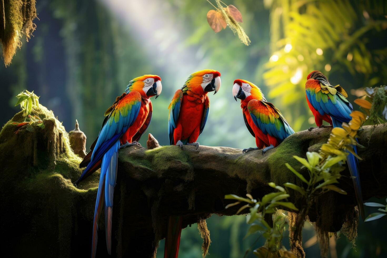 AI generated Colorful macaws sitting on a branch in a tropical forest, Beautiful macaws in the jungle, including the Blue-and-yellow macaw, AI Generated photo