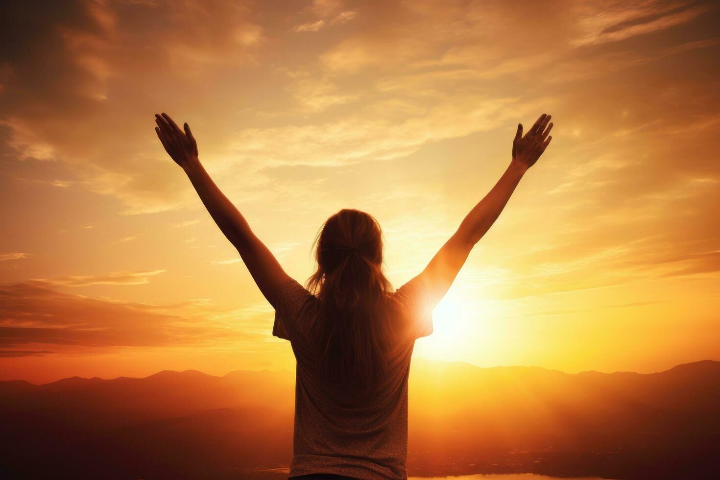 AI generated Silhouette of a young woman with raised hands at sunset, An excited girl standing and celebrating success against a sunset background, hands raised high, AI Generated photo