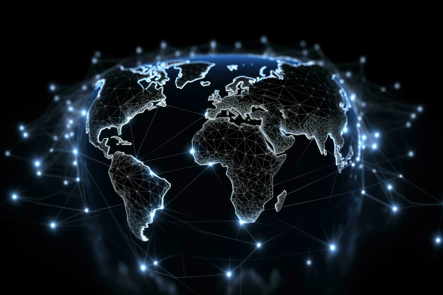 AI generated Glowing world map on dark background. Global business concept. 3D Rendering, Black and white global network connection on a curved world map hologram, AI Generated photo