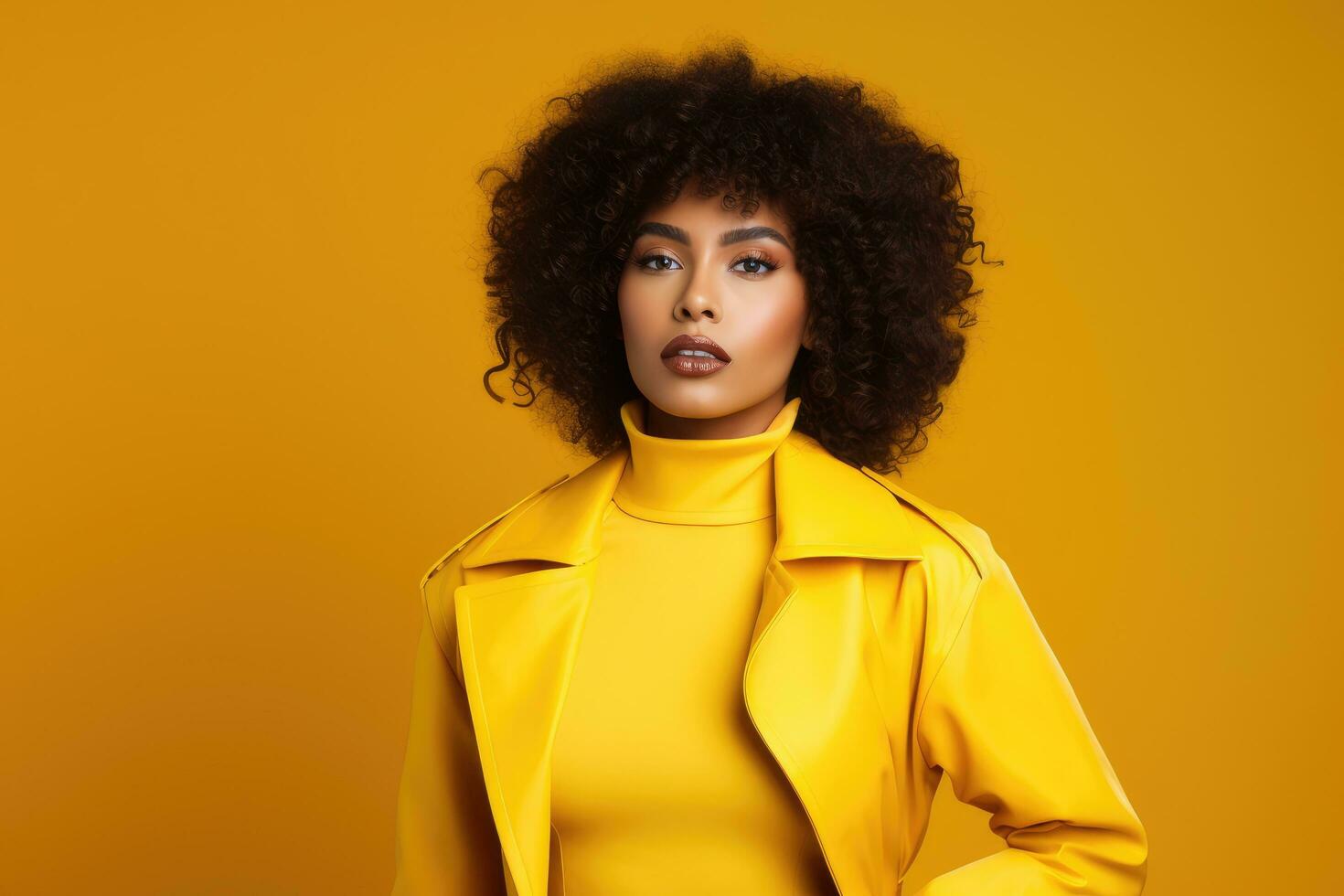 AI generated Beautiful african american woman with afro hairstyle wearing yellow coat, attractive african american model in studio, yellow clothes on yellow background, AI Generated photo