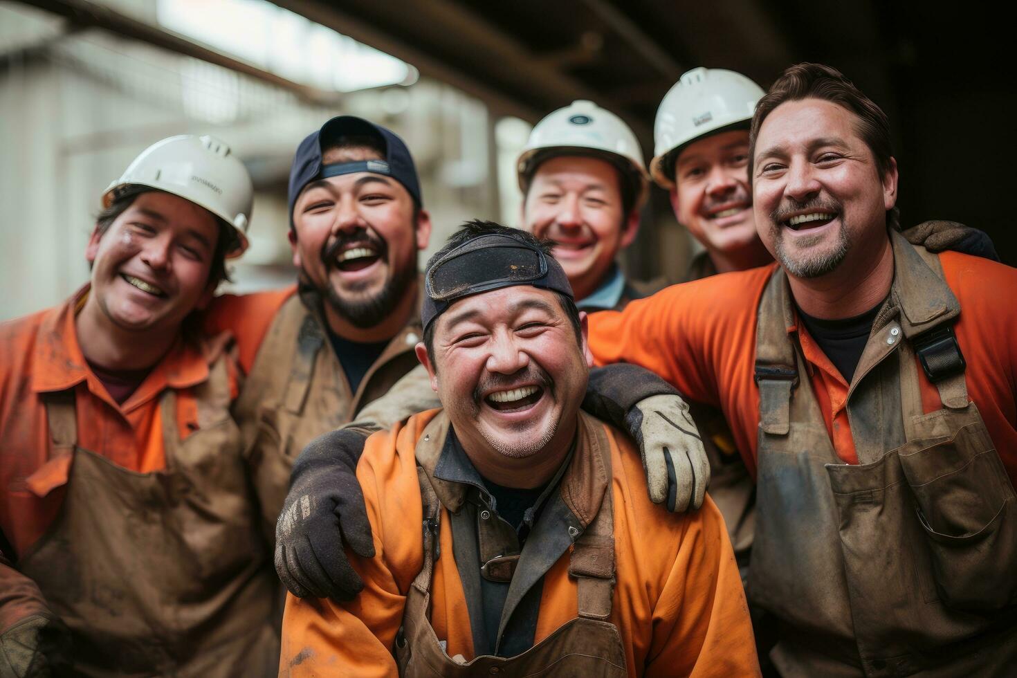 AI generated Portrait of a group of workers in a factory smiling and looking at the camera, group of smiling construction workers wearing uniforms, AI Generated photo