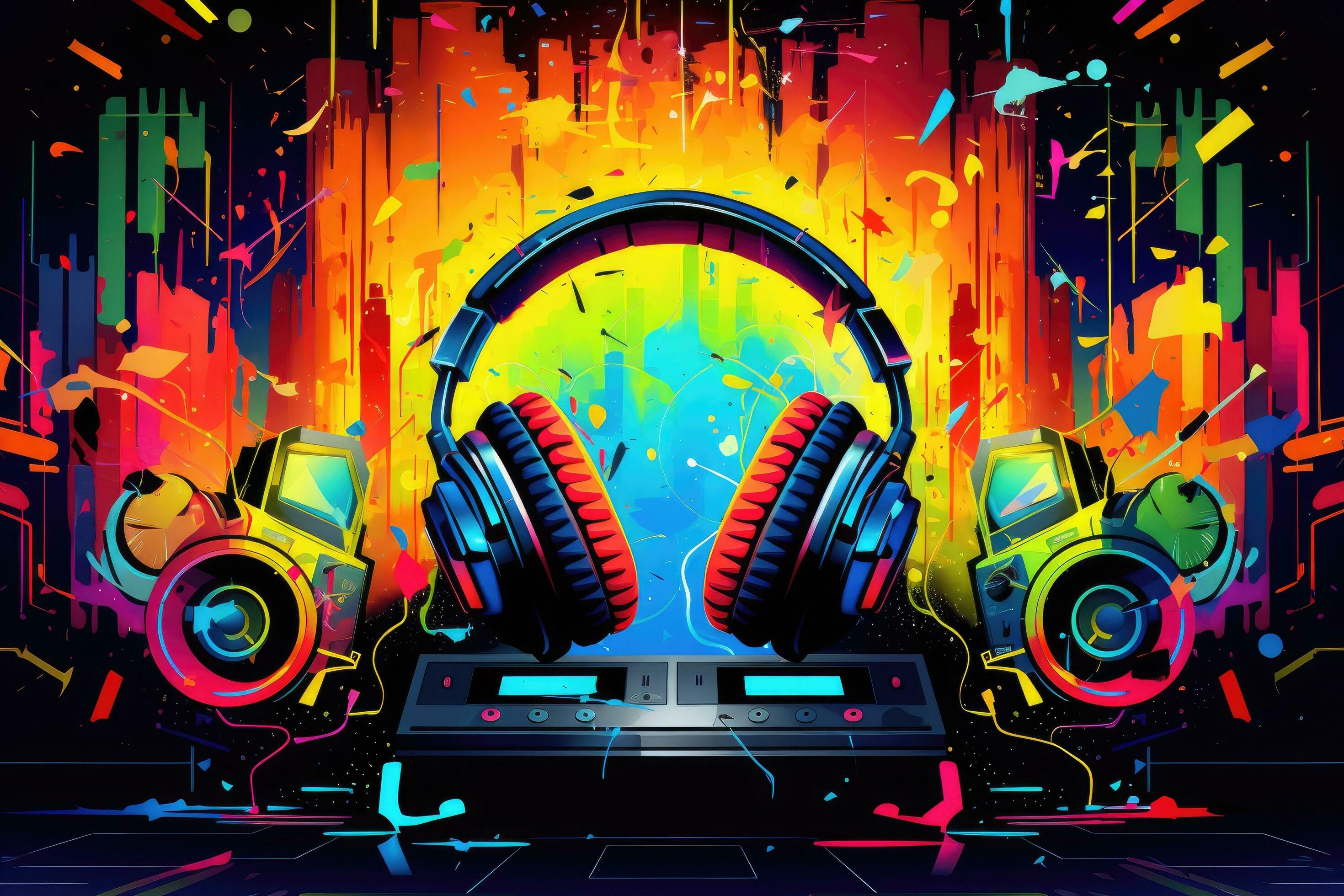 AI generated Dj mixer and headphones on colorful background