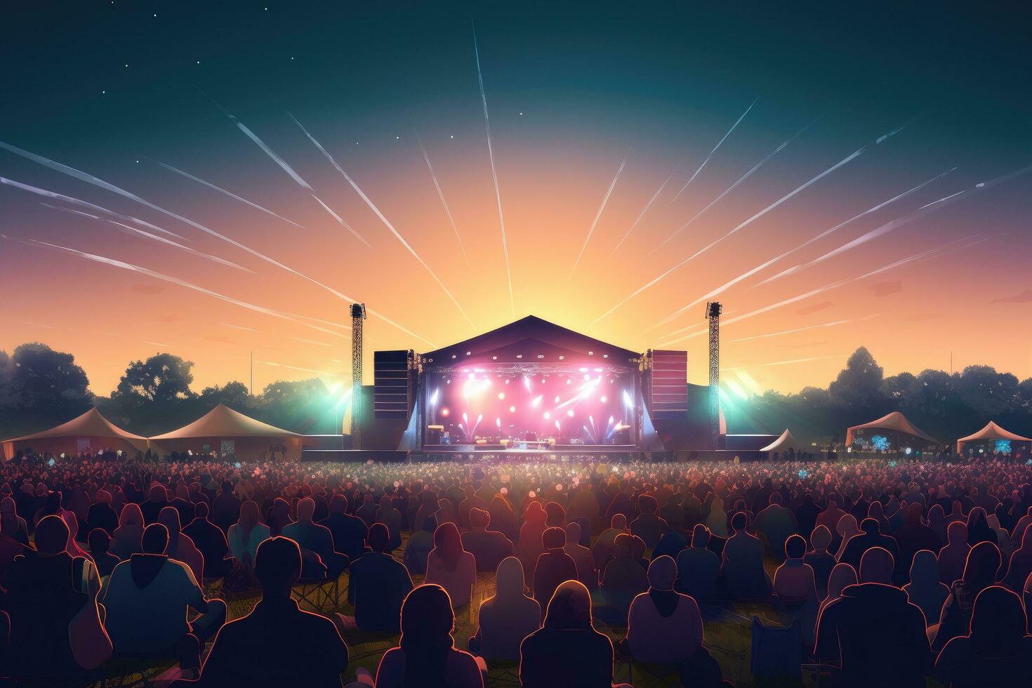 AI generated Concert stage with people silhouettes and rays of light at night, audience at an outdoor concert at stadium arena, AI Generated photo