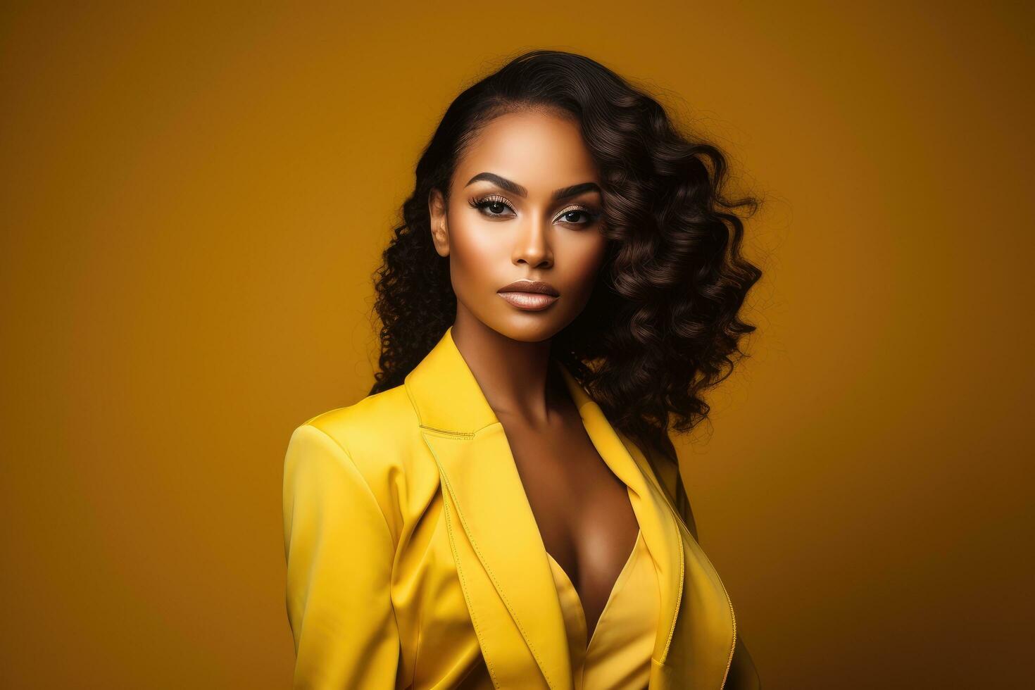 AI generated Beautiful african american woman in yellow jacket on yellow background, attractive african american model in studio, yellow clothes on yellow background, AI Generated photo