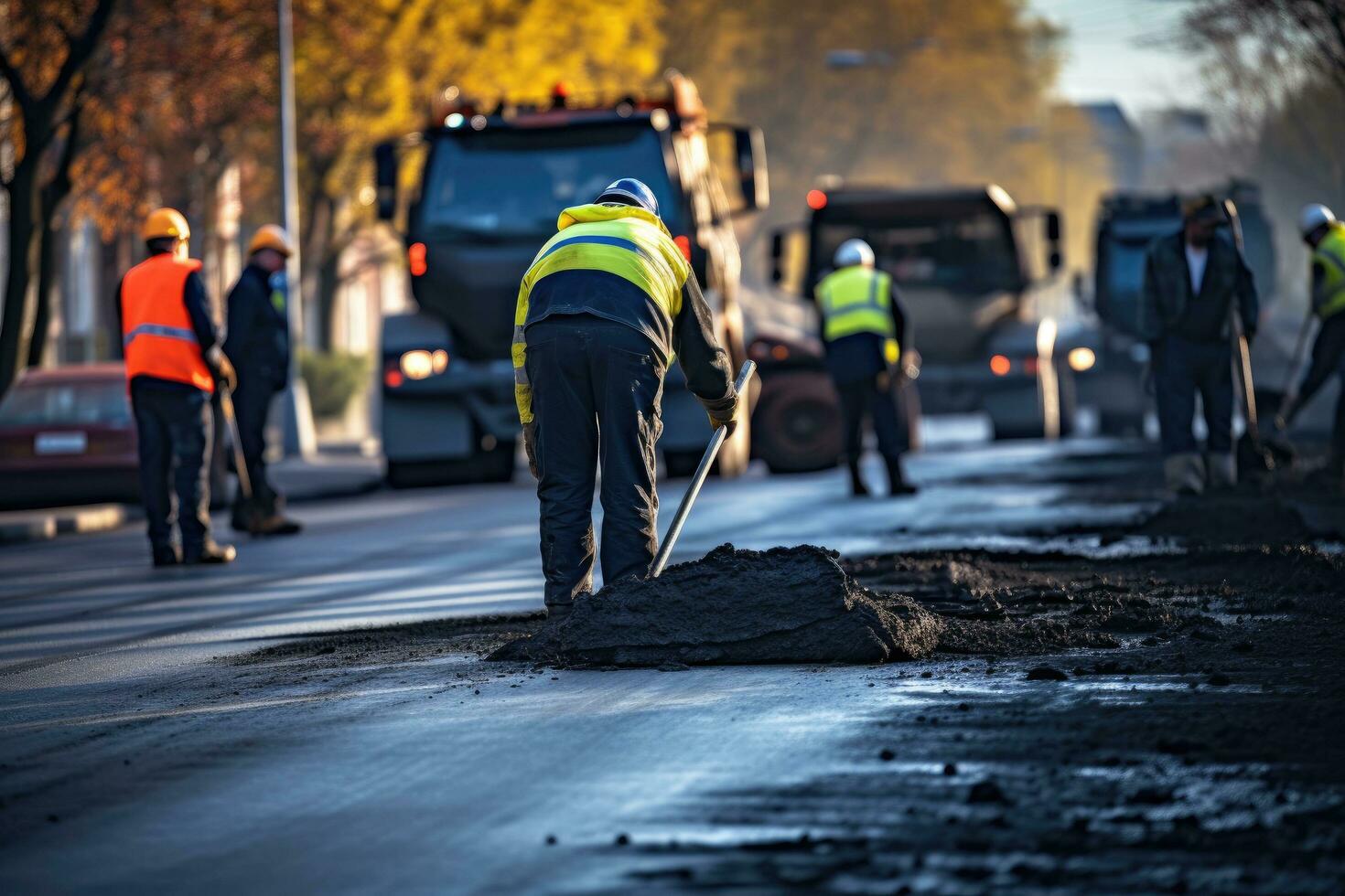 ai generado trabajadores en la carretera construcción sitio. trabajadores son tendido nuevo asfalto, asfalto contratistas trabajando en camino, ingenieros son trabajando en la carretera construcción, ai generado foto