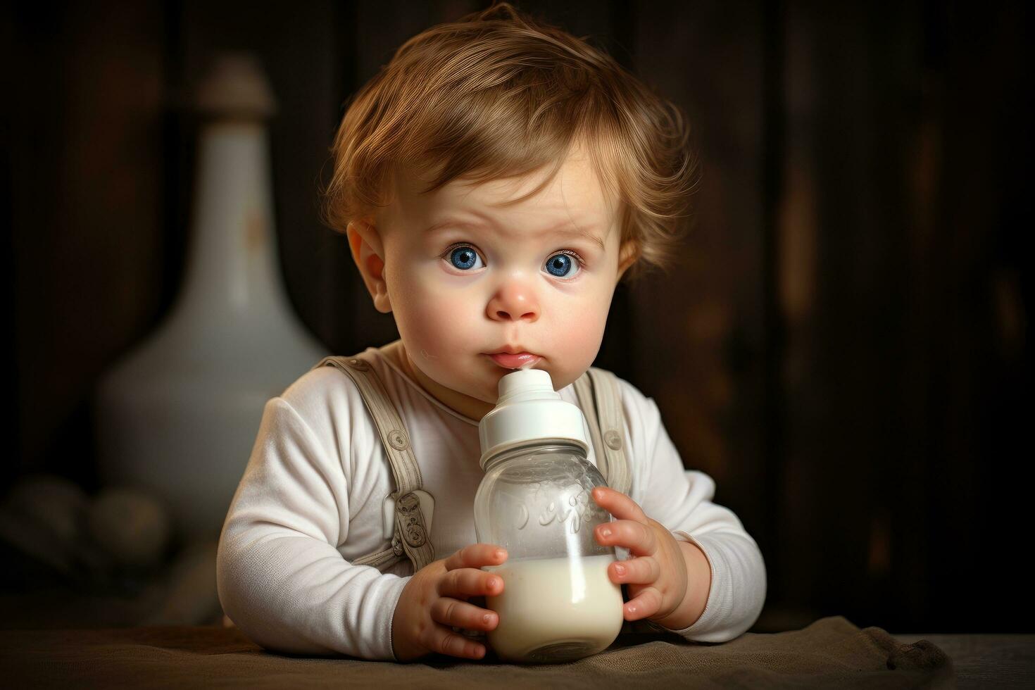 ai generado linda pequeño bebé chico Bebiendo Leche desde un botella. sano comida para niño, bebé chico Bebiendo Leche desde su bebé botella, ai generado foto