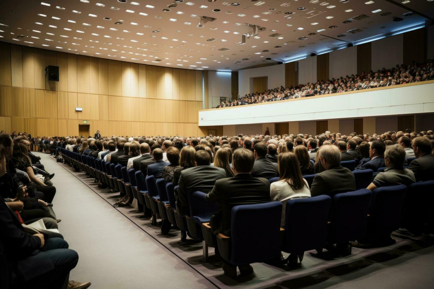 AI generated Speaker at Business Conference and Presentation. Audience at the conference hall, Back view of audience in the conference hall, AI Generated photo