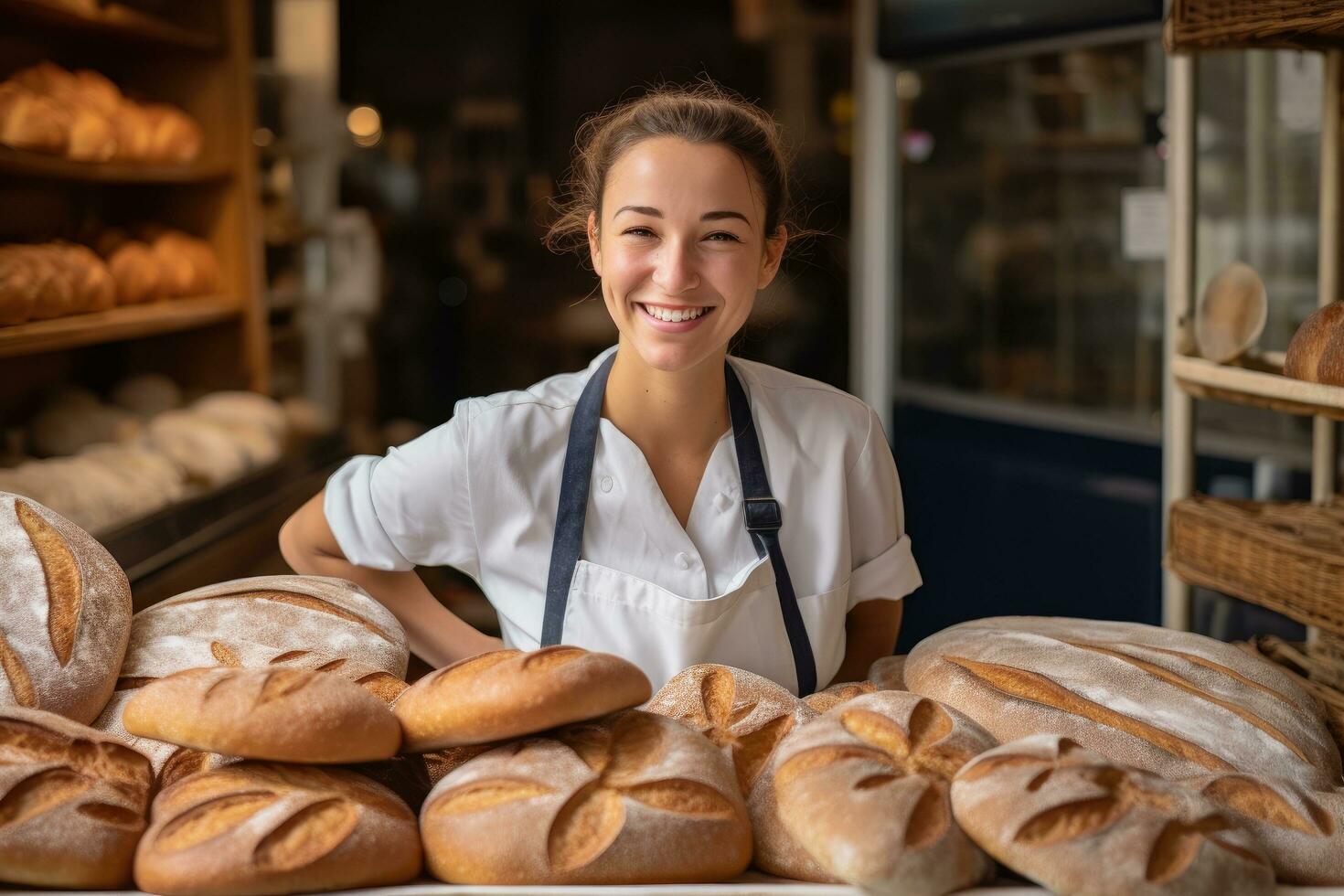 AI generated Young woman working in bakery, smiling and looking at camera. Bakery concept, baker woman smiling in bakery shop with breads, AI Generated photo