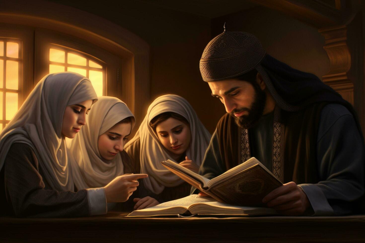 AI generated Muslim family reading holy quran in church. Ramadan Kareem concept, A group of Muslims reading Quranic verses together with warm, AI Generated photo