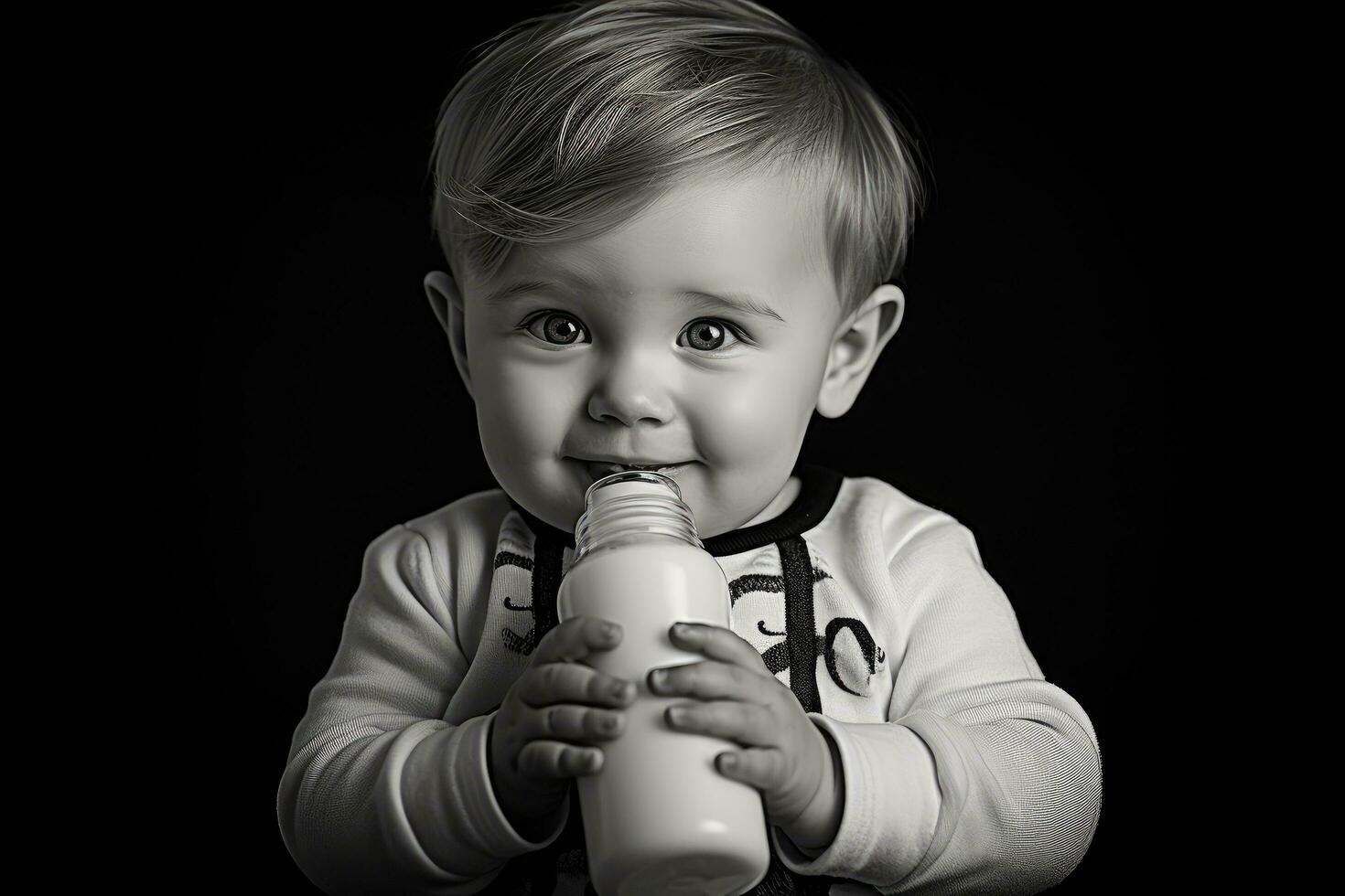 AI generated Portrait of a little boy with a bottle of milk on a black background, baby boy drinking milk from his baby bottle, AI Generated photo