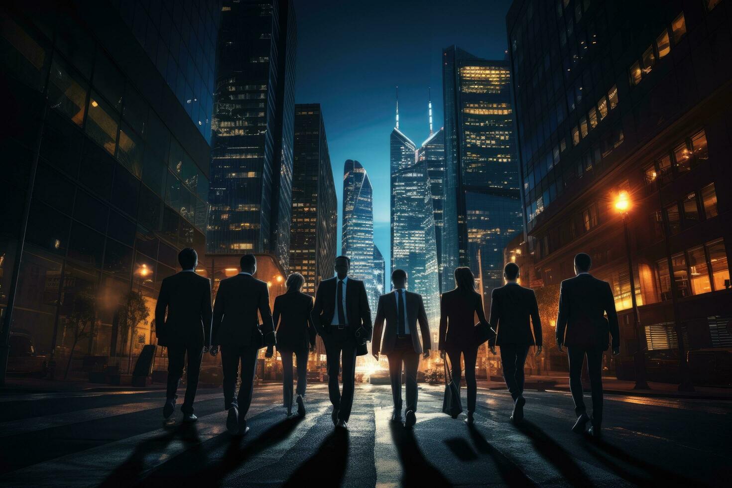 AI generated Silhouettes of business people walking in the city at night, A group of businesspeople walking down a city street at night, AI Generated photo