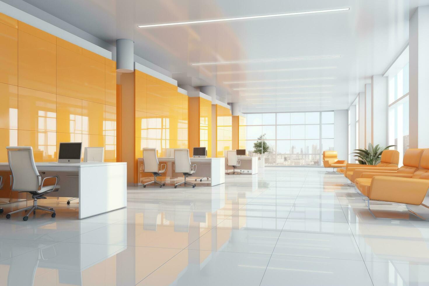 AI generated Orange office lobby with orange armchairs and white tables. 3d rendering, Bright and clean office environment, abstract background, AI Generated photo