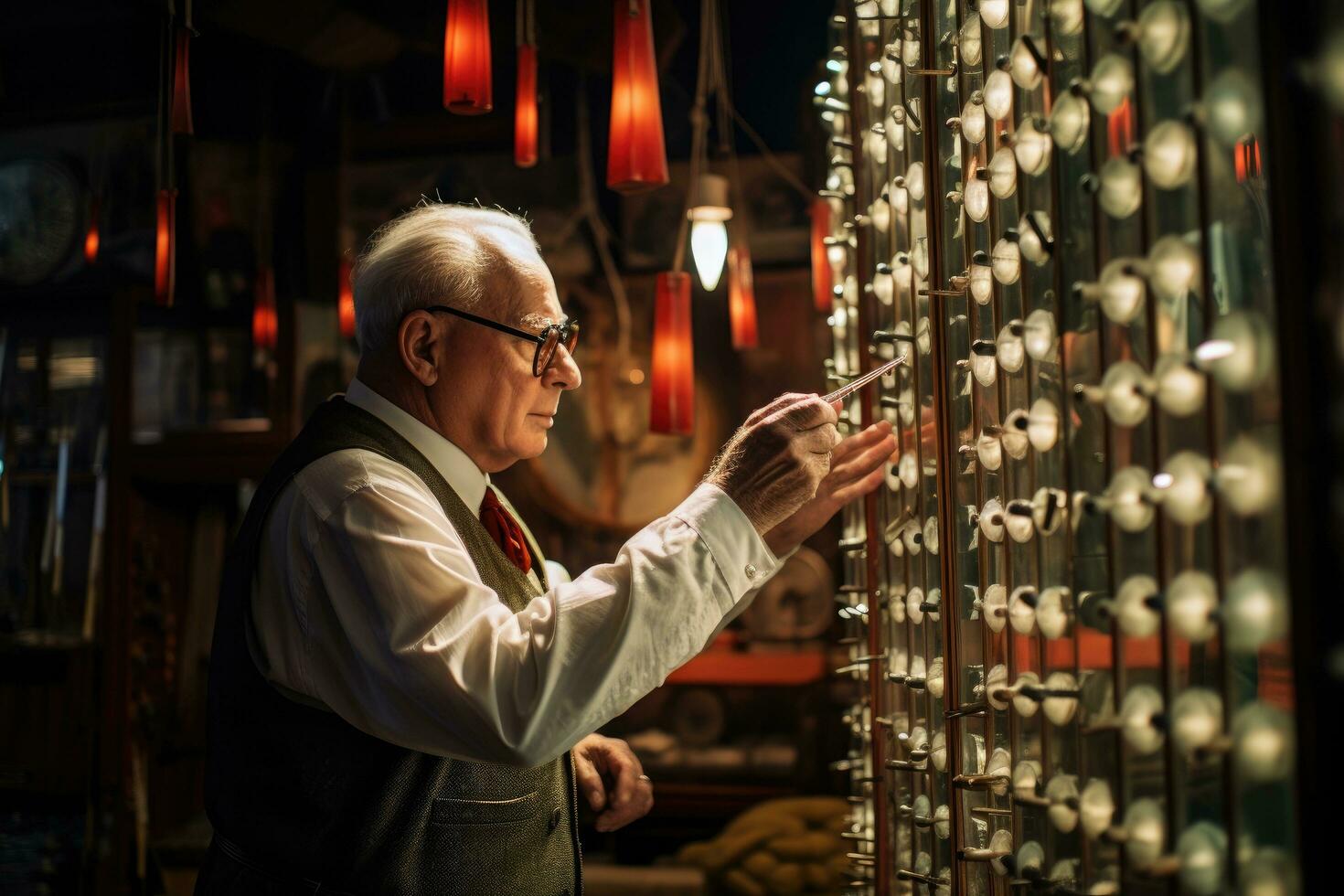 AI generated senior man in the city, An ophthalmologist adjusts a frame on a frame in the hall of an optical store, AI Generated photo