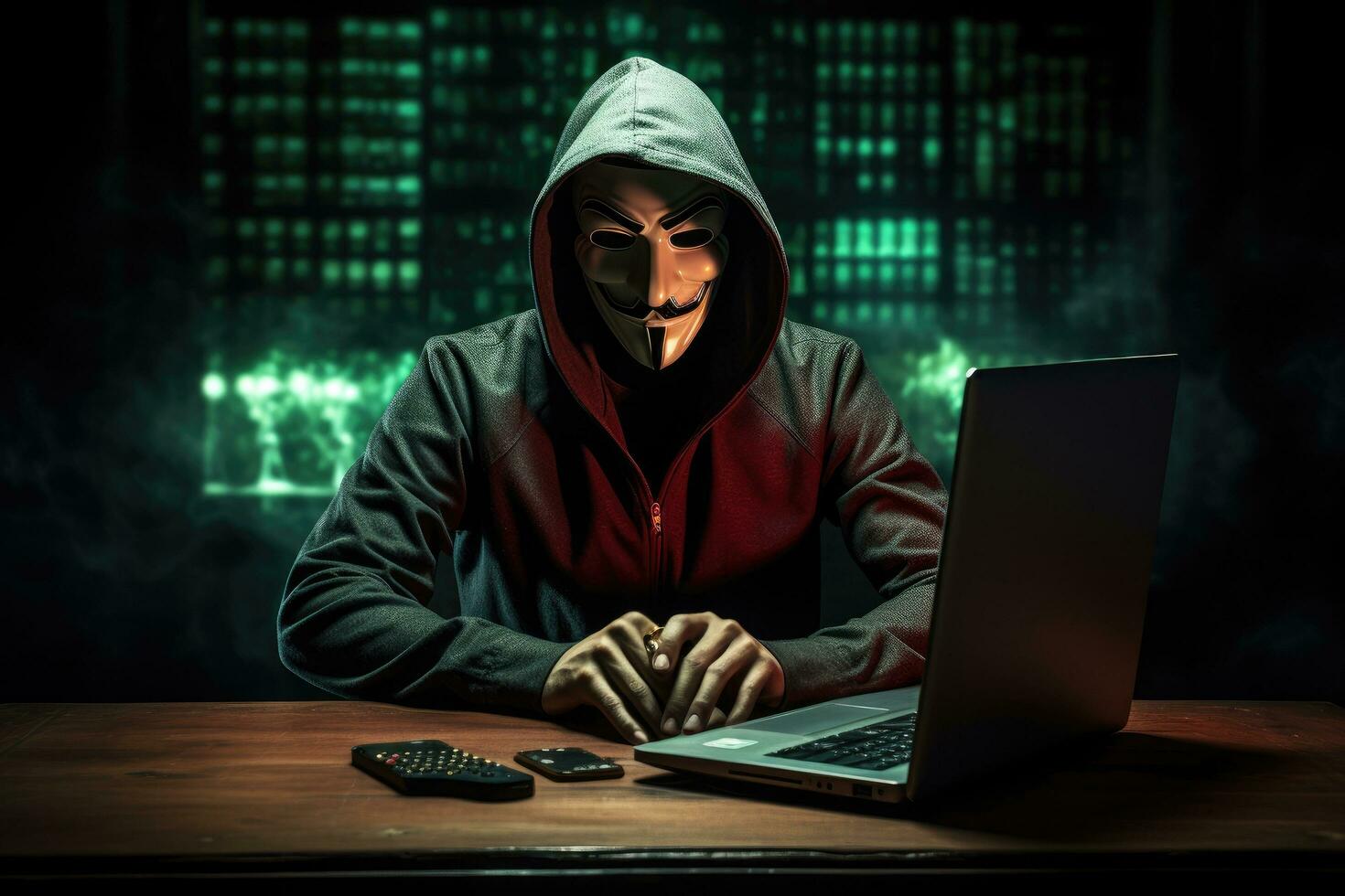 AI generated hacker in hood and a laptop, Anonymous hacker, Concept of cybercrime, AI Generated photo