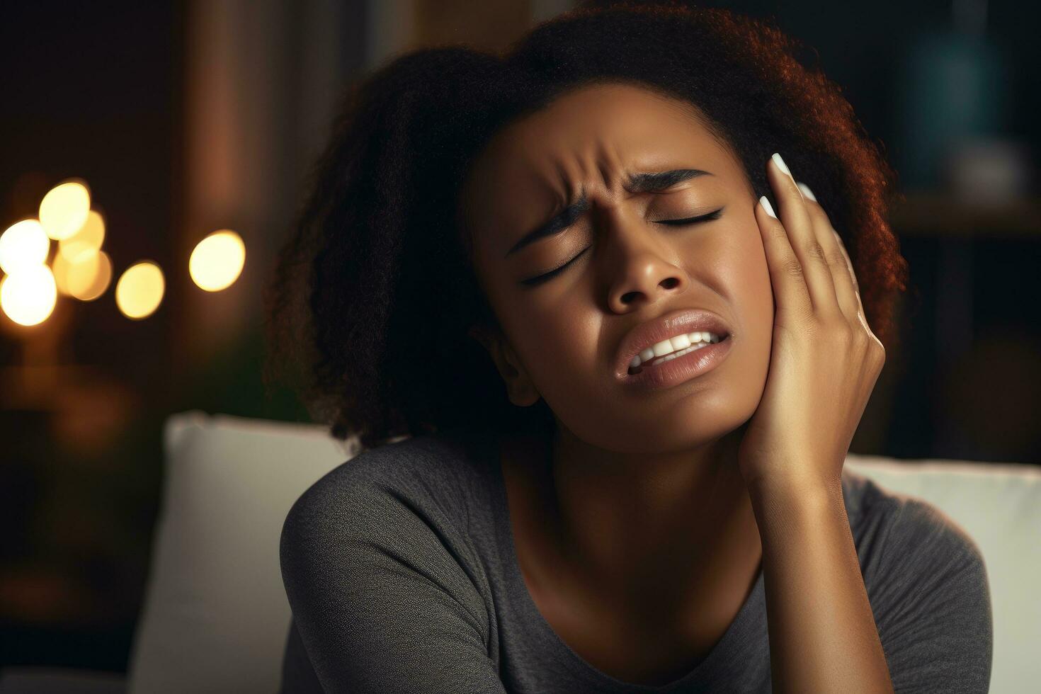 AI generated Beautiful african american woman with closed eyes on dark background, Black woman suffering tmj at home, AI Generated photo