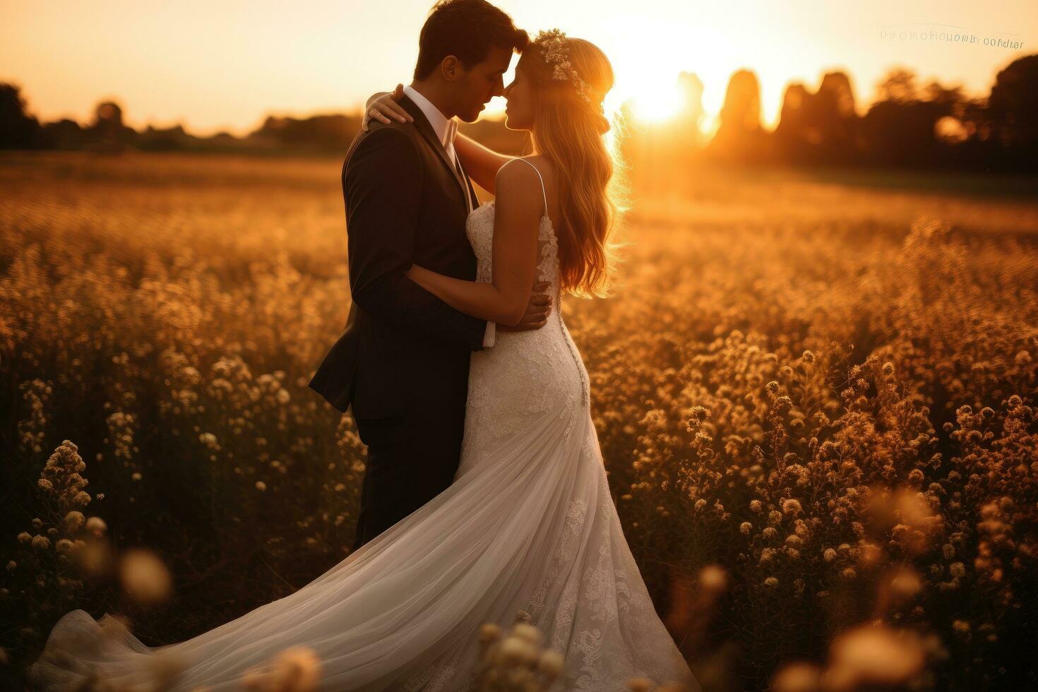 AI generated Happy bride and groom on the background of the setting sun in the field, Bride and groom embracing in field at sunset, AI Generated photo