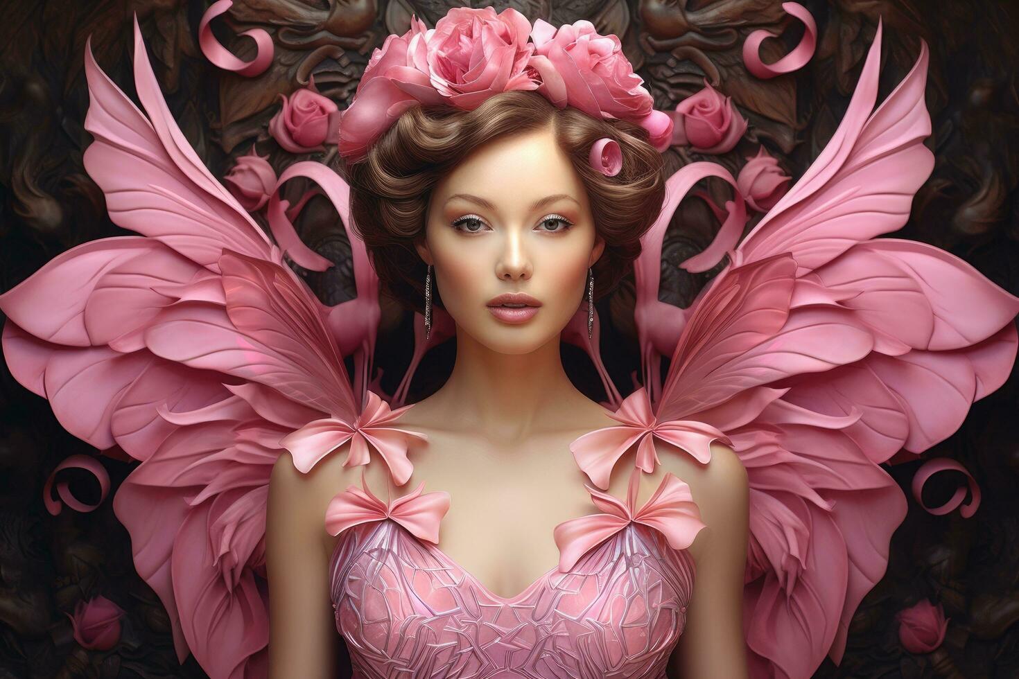 AI generated Portrait of a beautiful girl in a pink dress with wings, Breast cancer awareness month in October, AI Generated photo