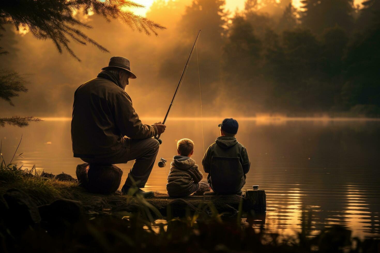 AI generated Father and his two sons fishing together on a foggy lake, Boy, father and grandfather fishing in lake, AI Generated photo