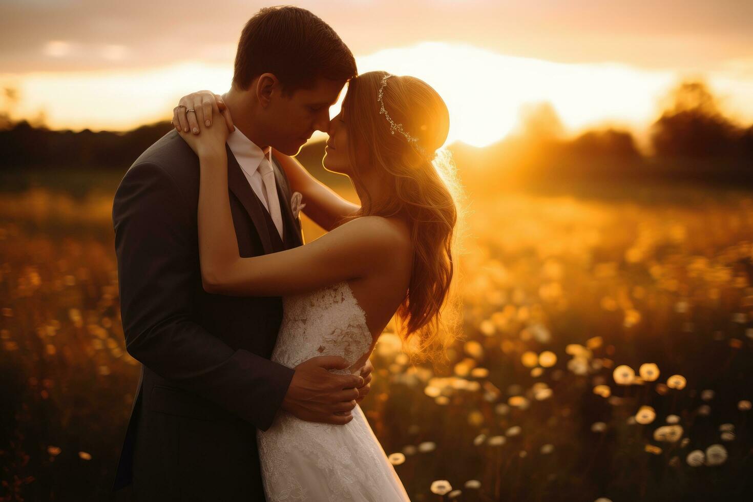 AI generated Beautiful wedding couple, bride and groom posing in the field at sunset, Bride and groom embracing in field at sunset, AI Generated photo