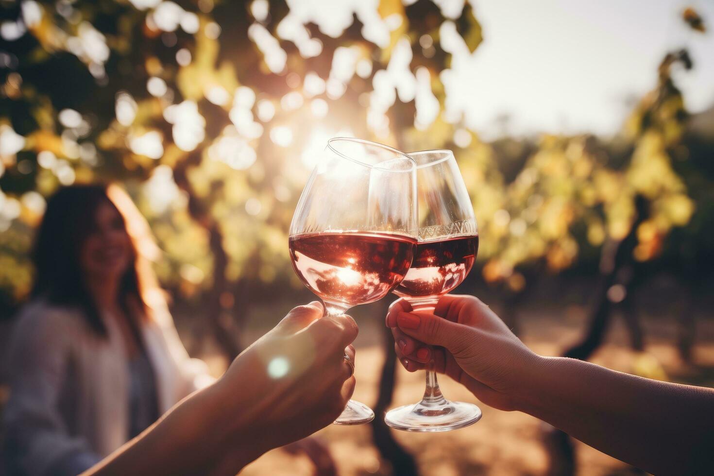 AI generated Close-up of two female friends clinking glasses with red wine in vineyard, Blurred image of friends toasting wine in a vineyard in the daytime outdoors, AI Generated photo