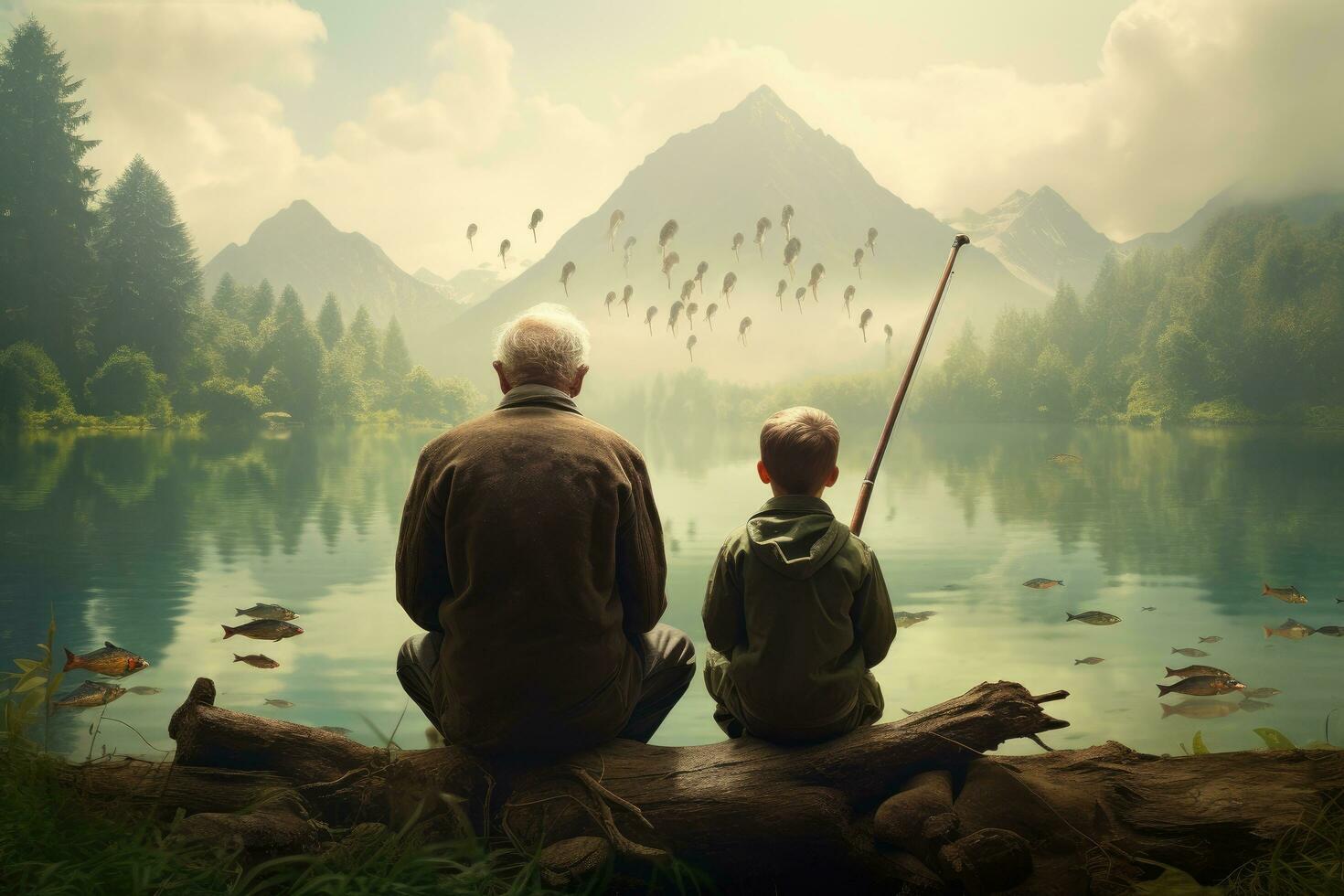 AI generated Fisherman and his grandson fishing on a lake in the mountains, Boy, father and grandfather fishing in lake, AI Generated photo